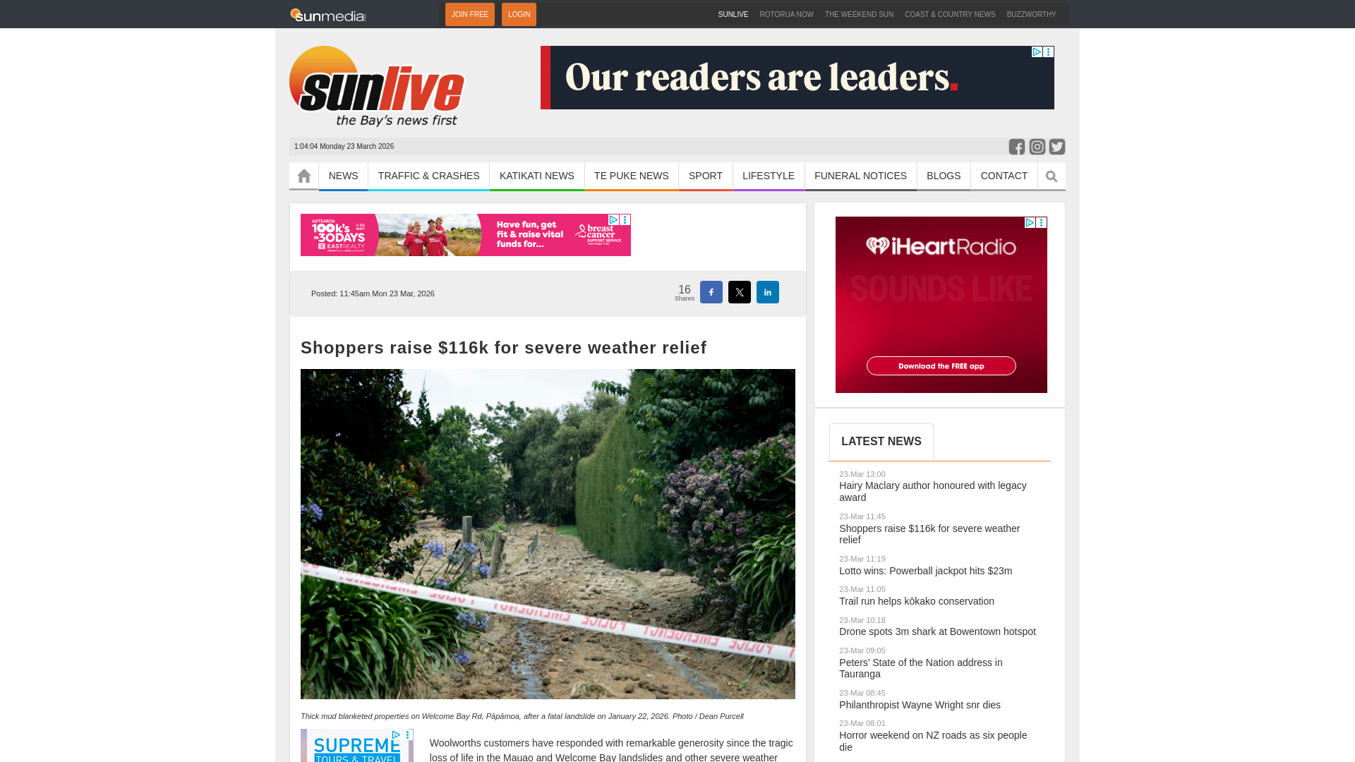 website screenshot of https://www.sunlive.co.nz/news/379484-shoppers-raise--116k-for-severe-weather-relief.html