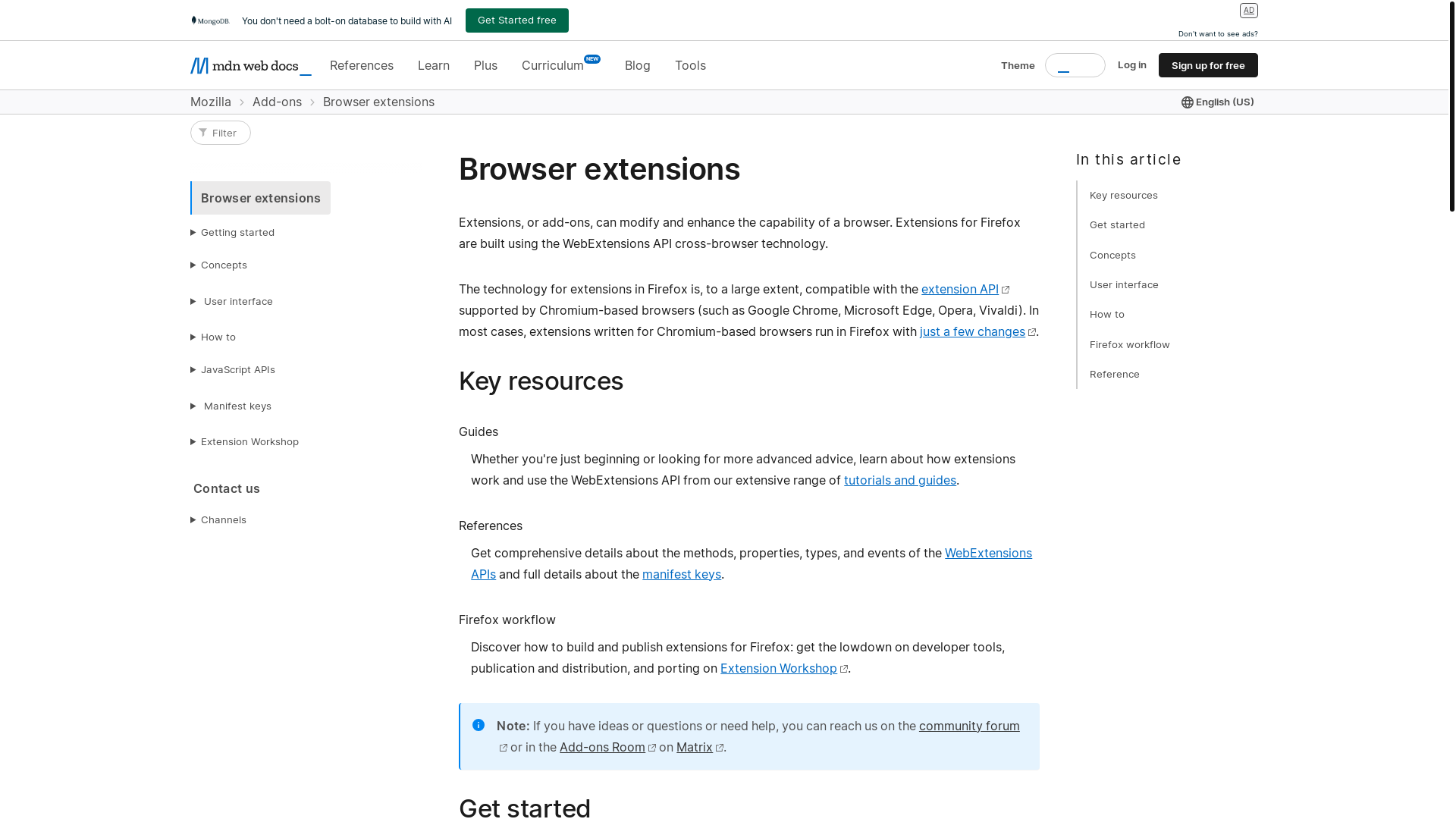 website screenshot of https://developer.mozilla.org/en-US/docs/Mozilla/Add-ons/WebExtensions