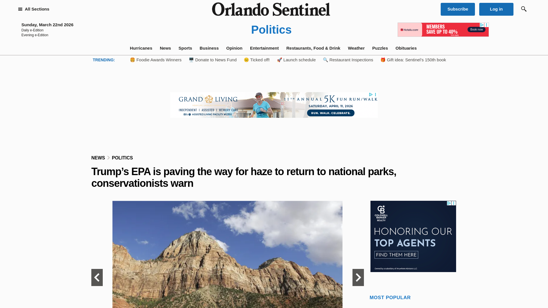 website screenshot of https://www.orlandosentinel.com/2026/03/22/trumps-epa-is-paving-the-way-for-haze-to-return-to-national-parks-conservationists-warn/