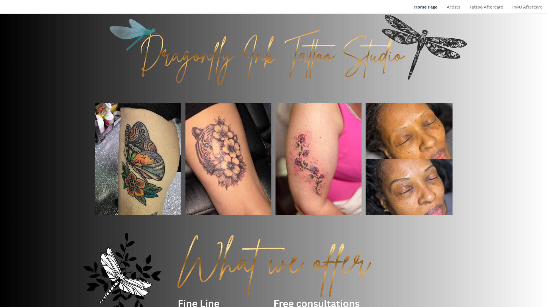 website screenshot of https://dragonflyinktattoostudio.com