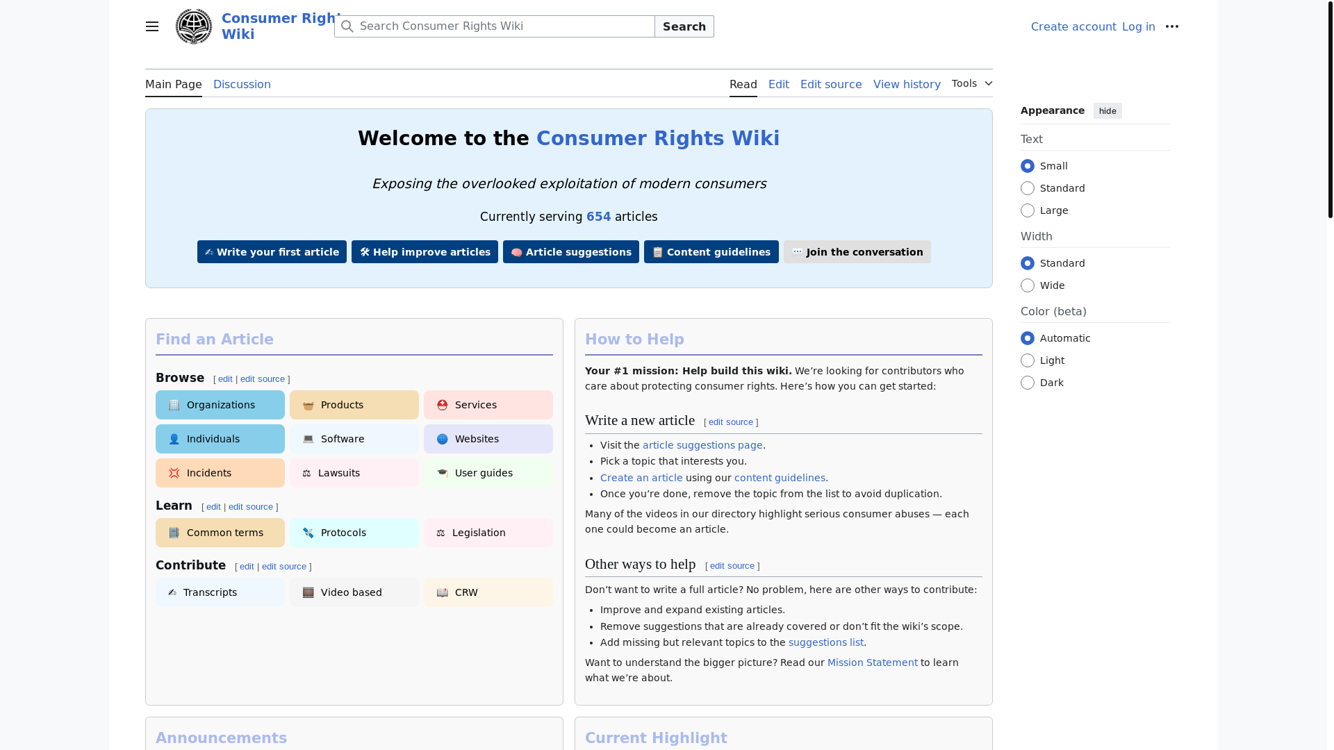 website screenshot of https://consumerrights.wiki/