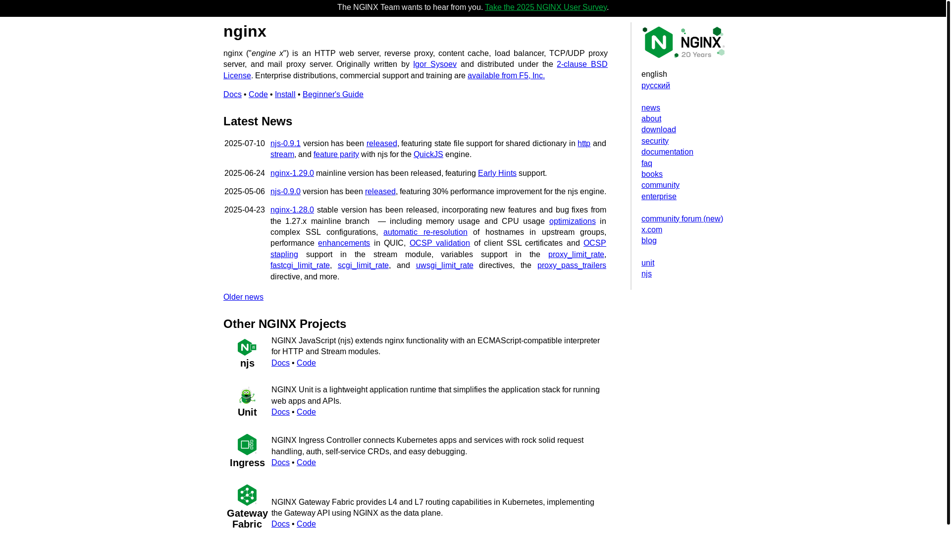 website screenshot of https://nginx.org/
