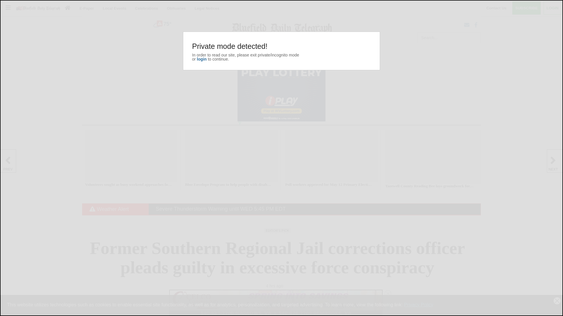 website screenshot of https://www.bdtonline.com/west_virginia/news/former-southern-regional-jail-corrections-officer-pleads-guilty-in-excessive-force-conspiracy/article_e60c536a-ce03-5507-a8d2-1922f4223b18.html