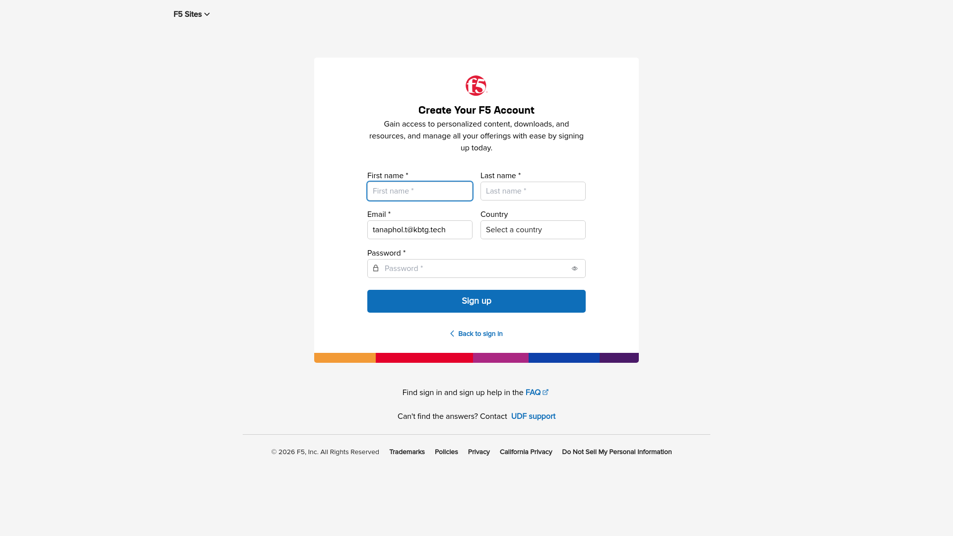 website screenshot of https://account.f5.com/api/invite/udf/user/dGFuYXBob2wudEBrYnRnLnRlY2g=