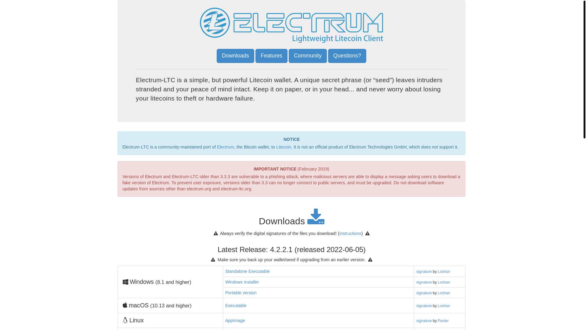 website screenshot of https://electrum-ltc.org/