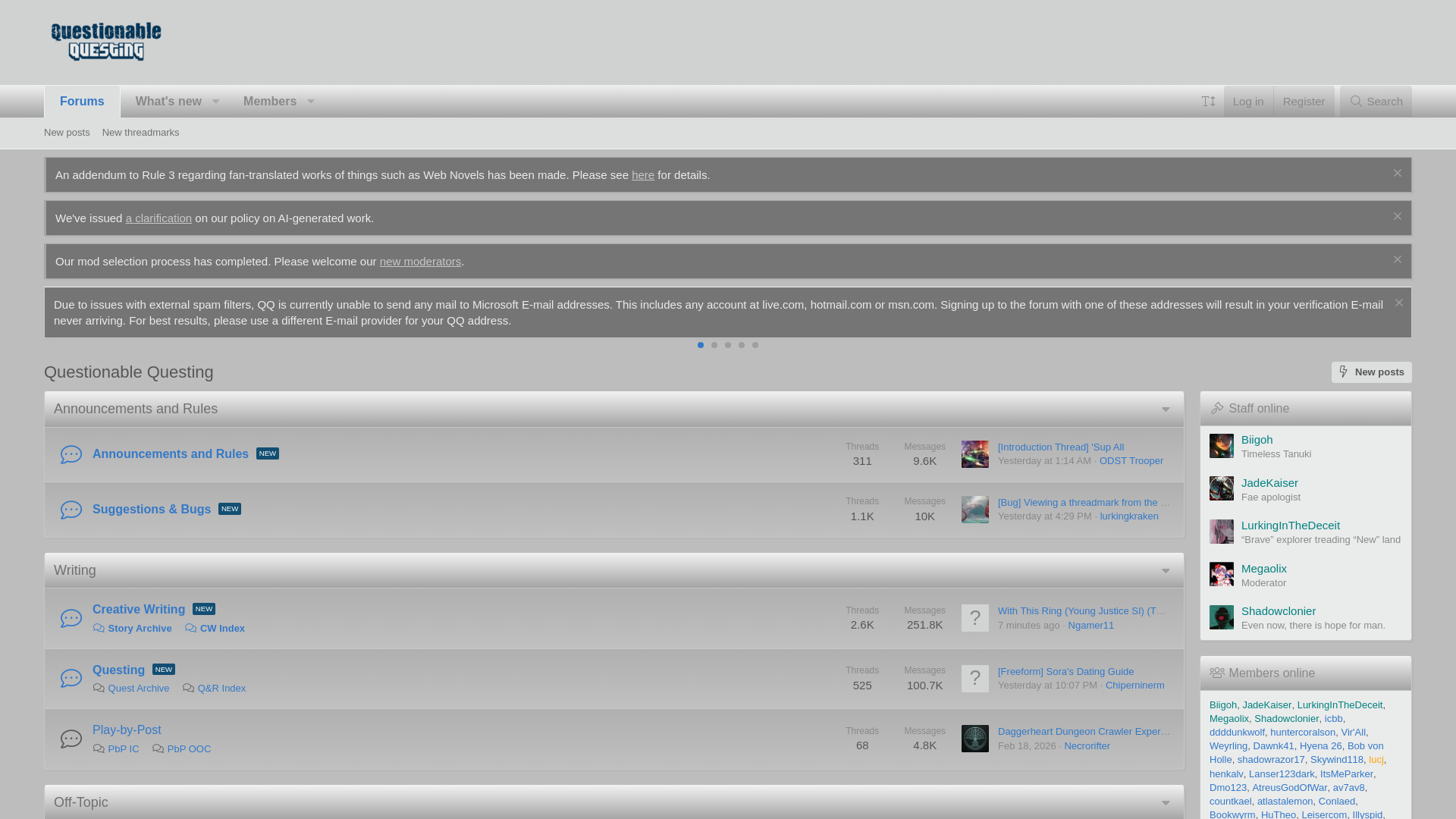 website screenshot of https://forum.questionablequesting.com