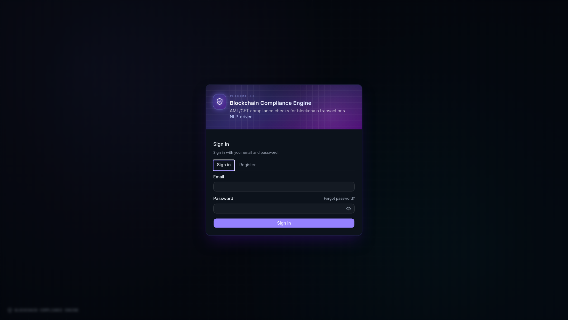 website screenshot of https://blockchain-compliance-engine.xyz/