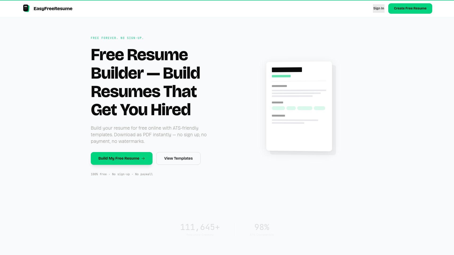 website screenshot of https://easyfreeresume.com/