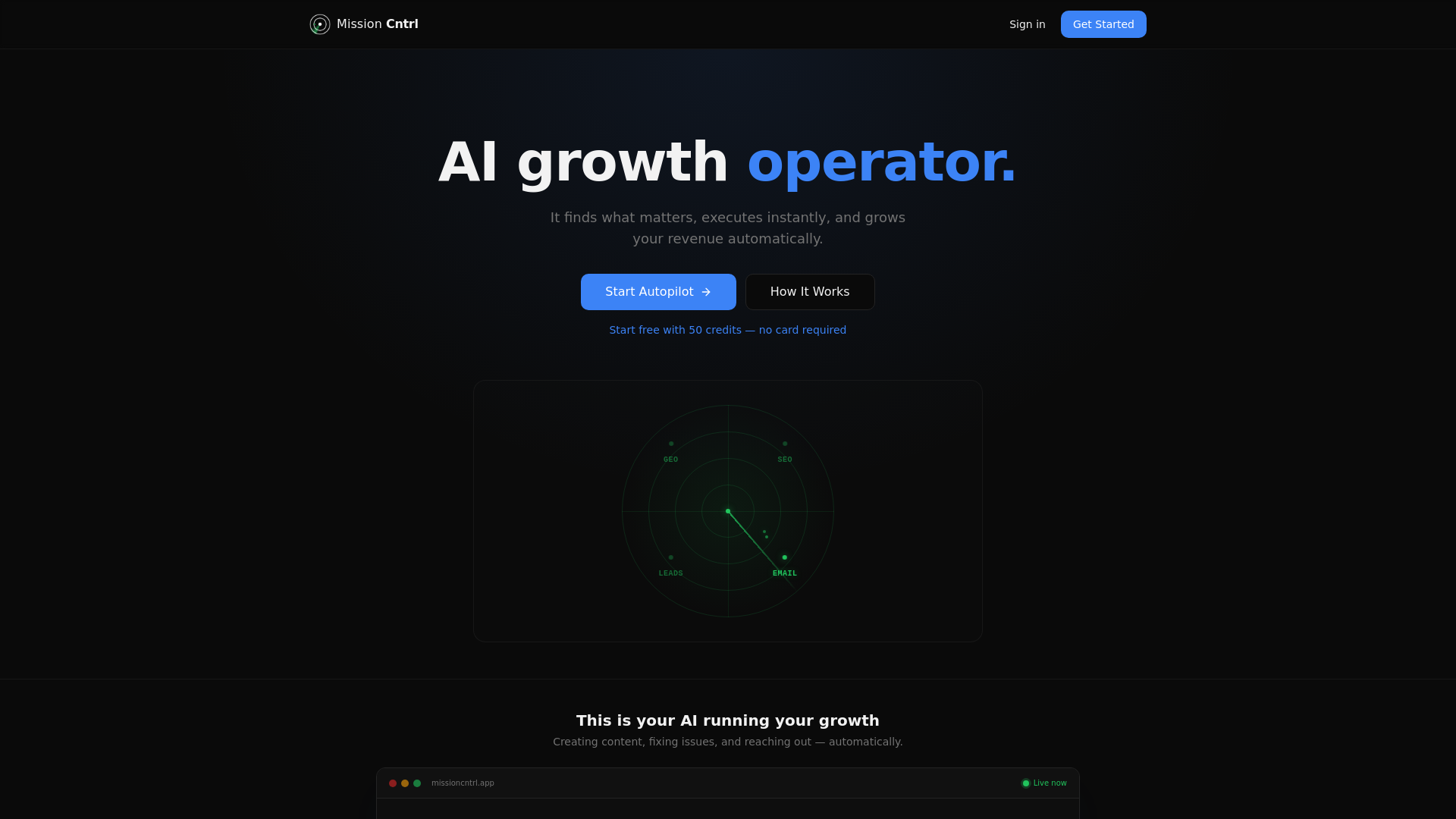 website screenshot of https://missioncntrl.ai/