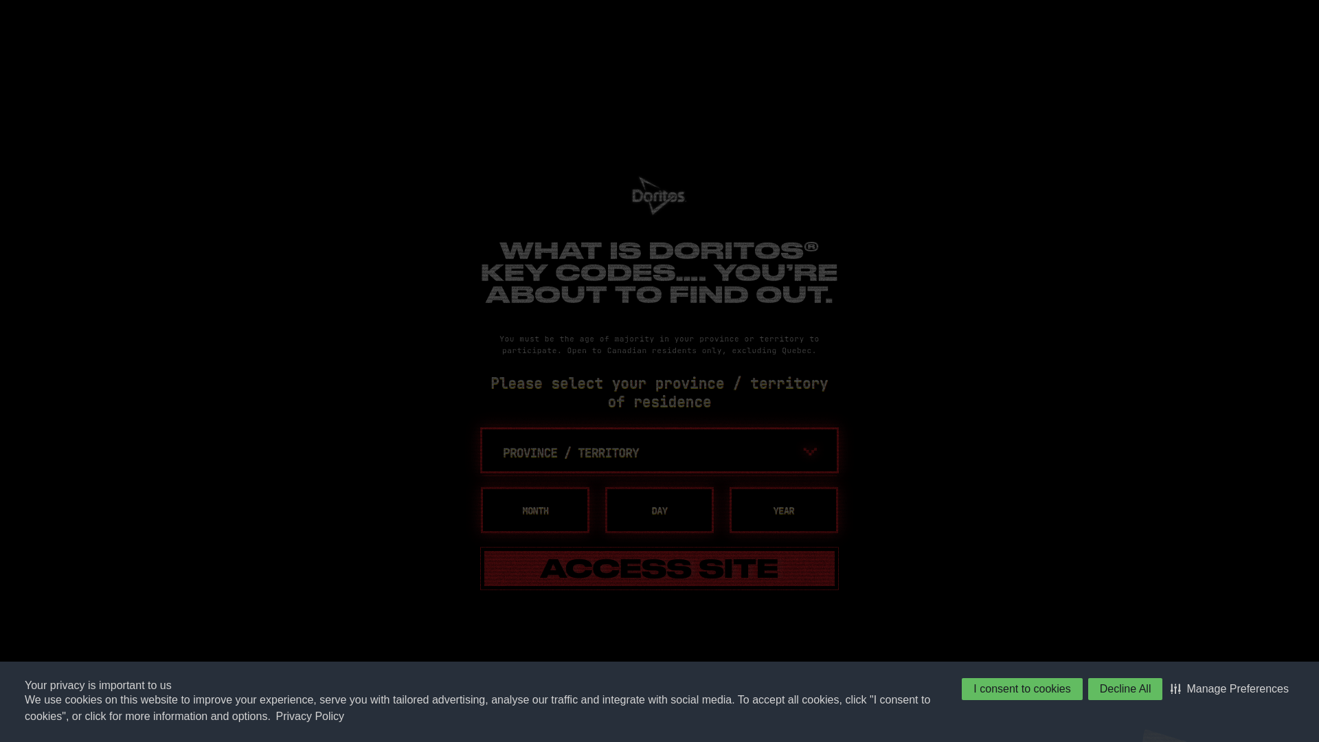 website screenshot of https://doritoskeycodes.ca