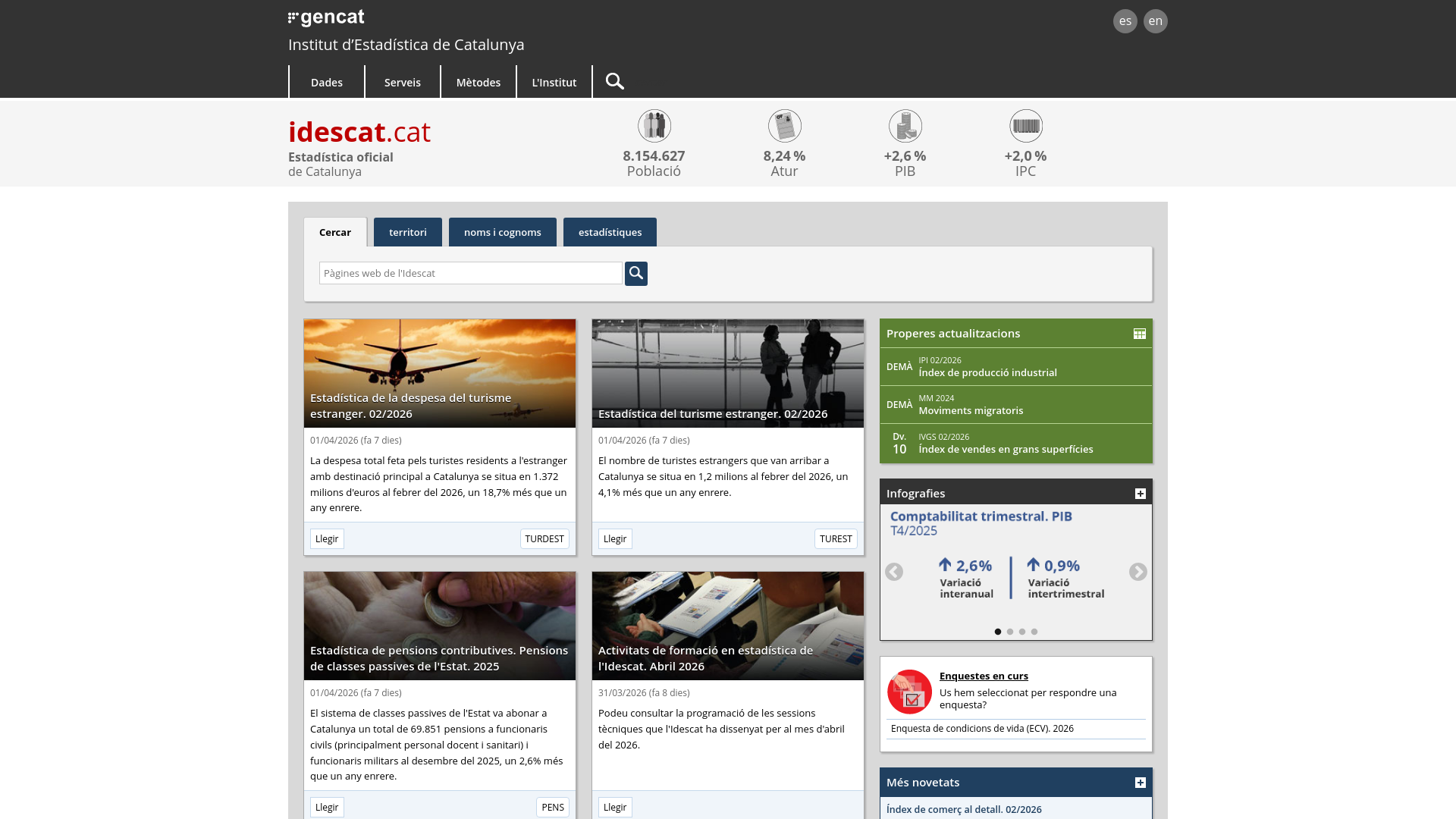 website screenshot of https://idescat.cat/