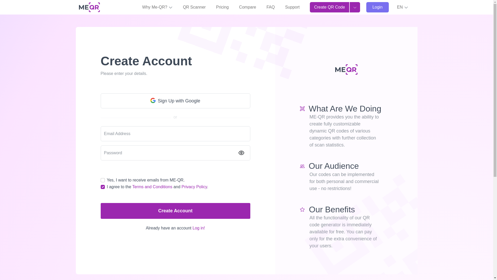 website screenshot of https://me-qr.com/register