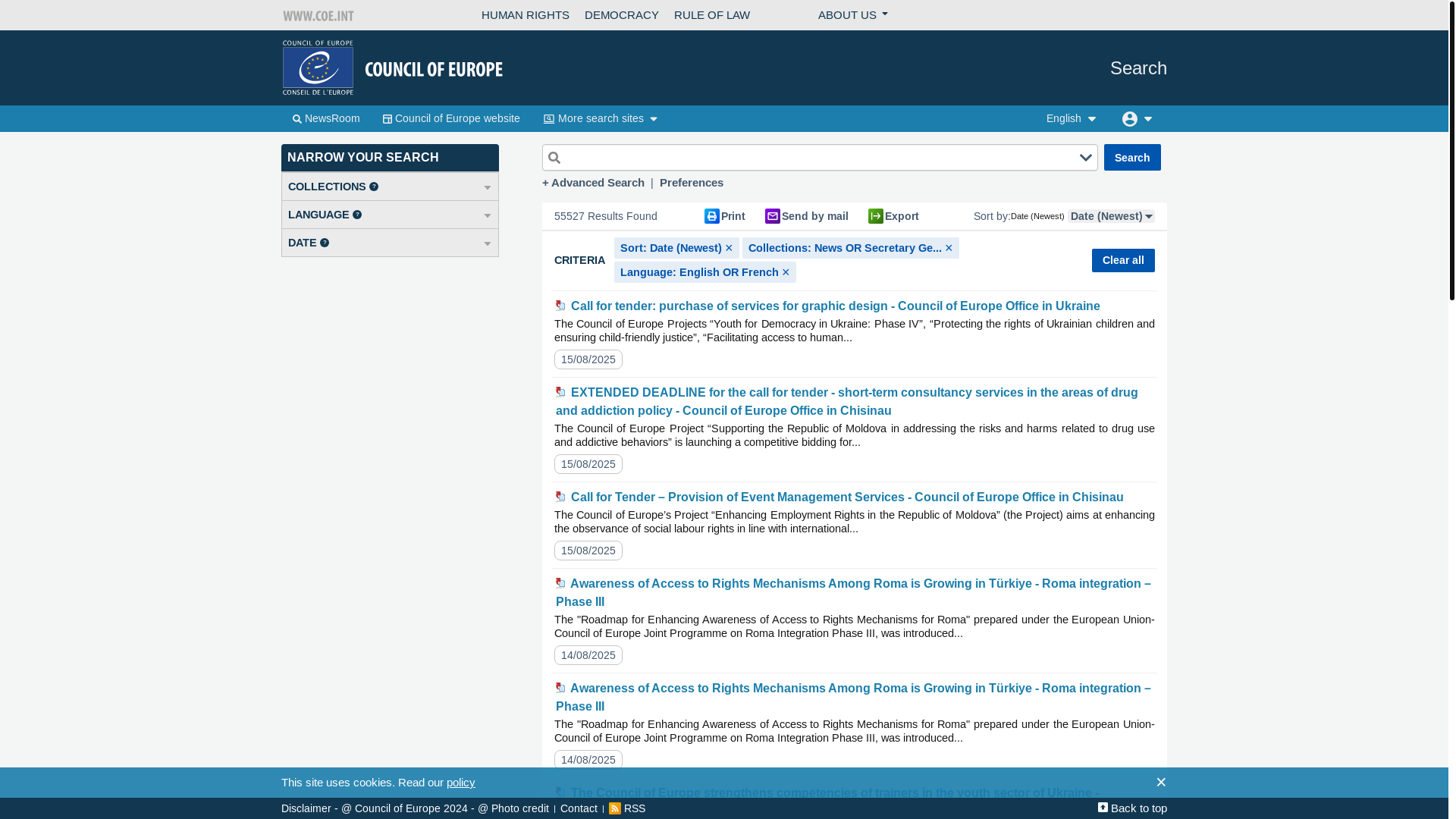 website screenshot of https://search.coe.int/public