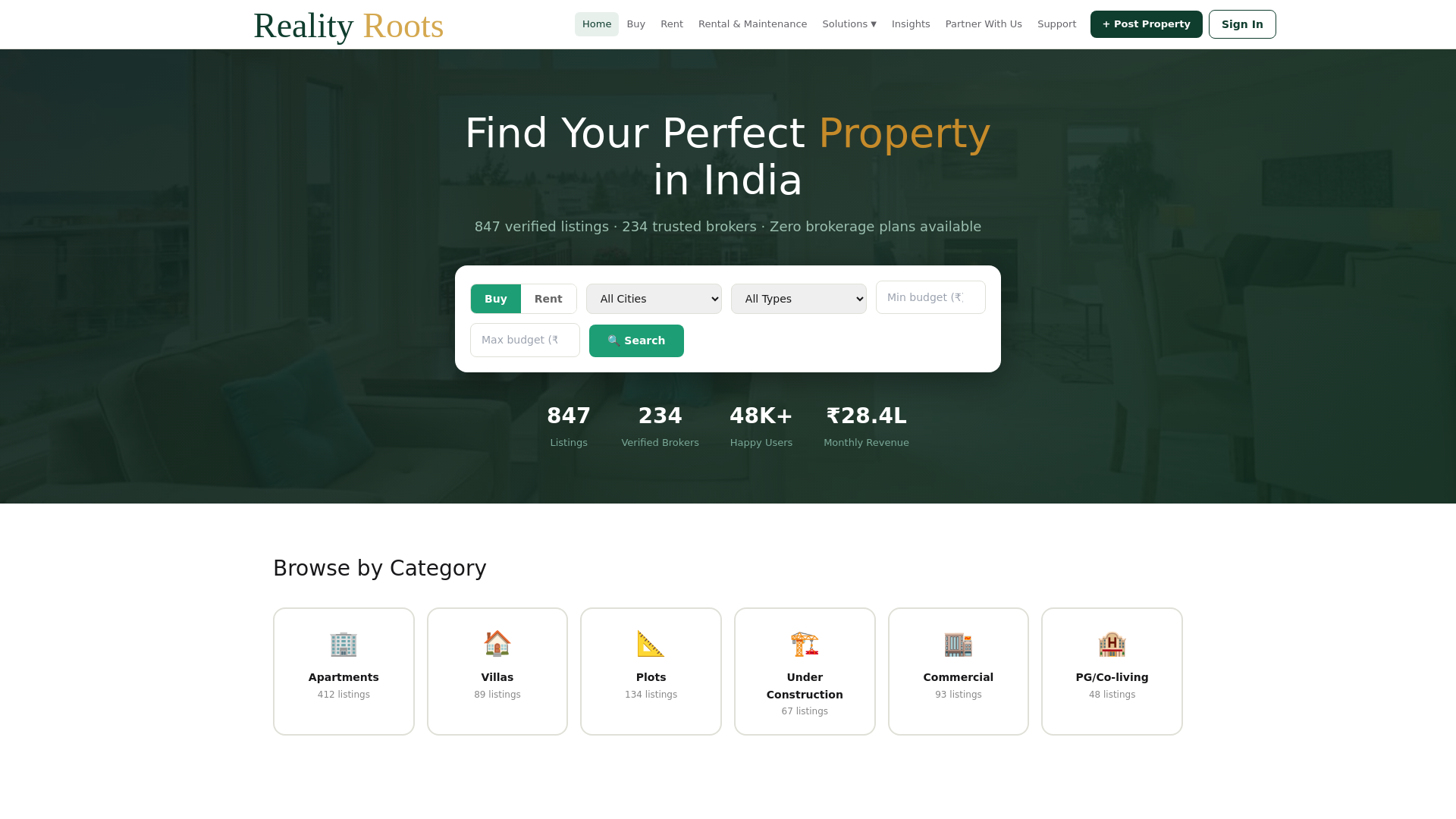 website screenshot of https://realityroots.in