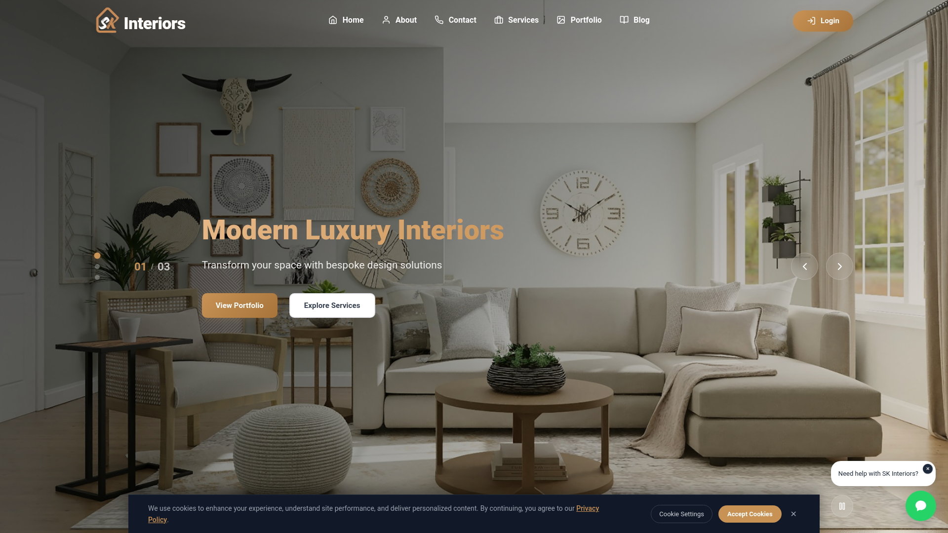 website screenshot of https://skinteriorsworks.in