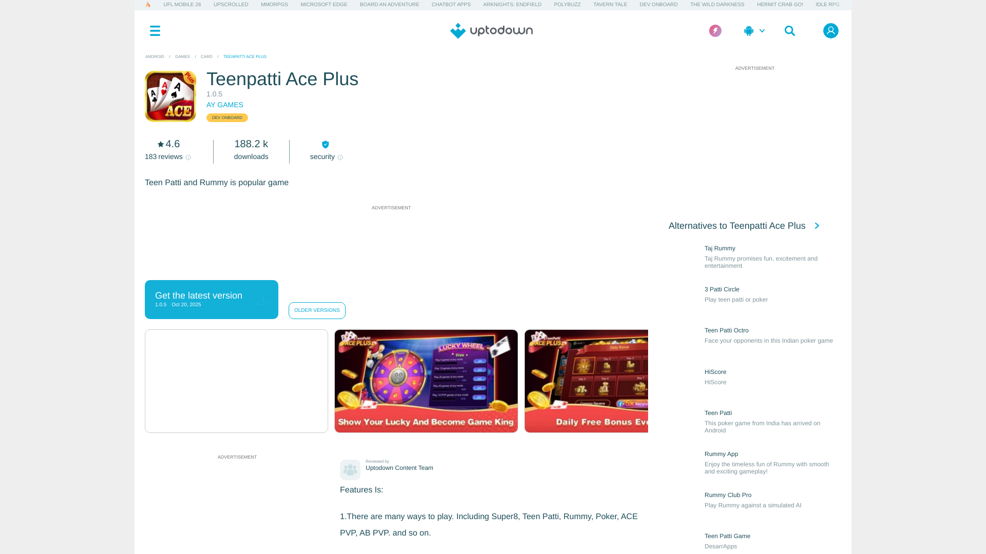 website screenshot of https://teenpatti-ace-plus.en.uptodown.com