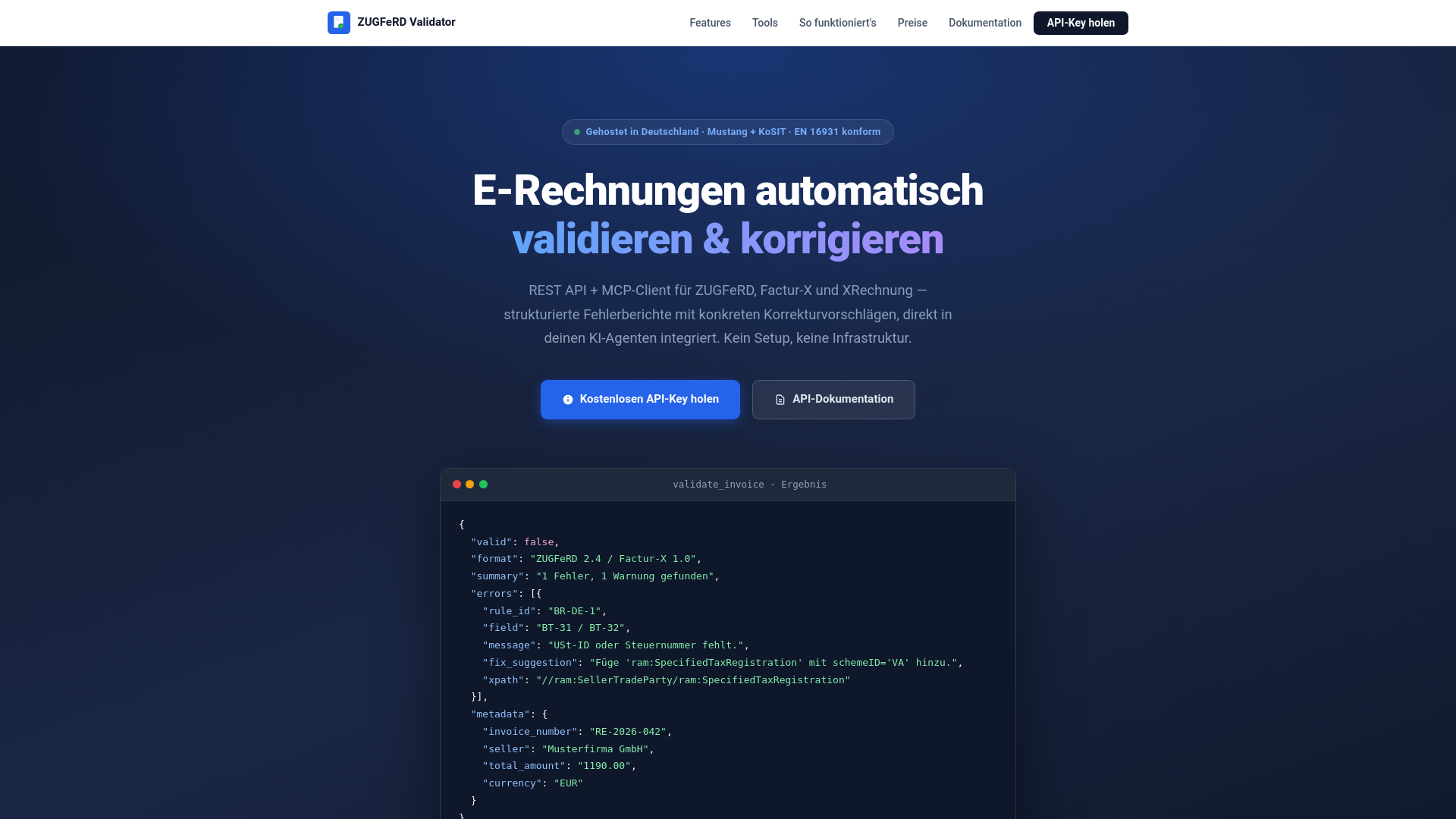 website screenshot of https://zugferd-validator.de/