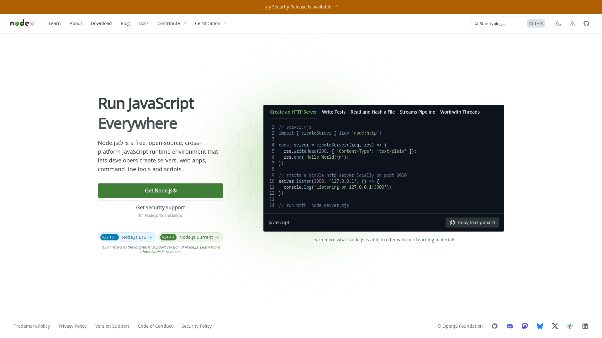 website screenshot of https://nodejs.org/