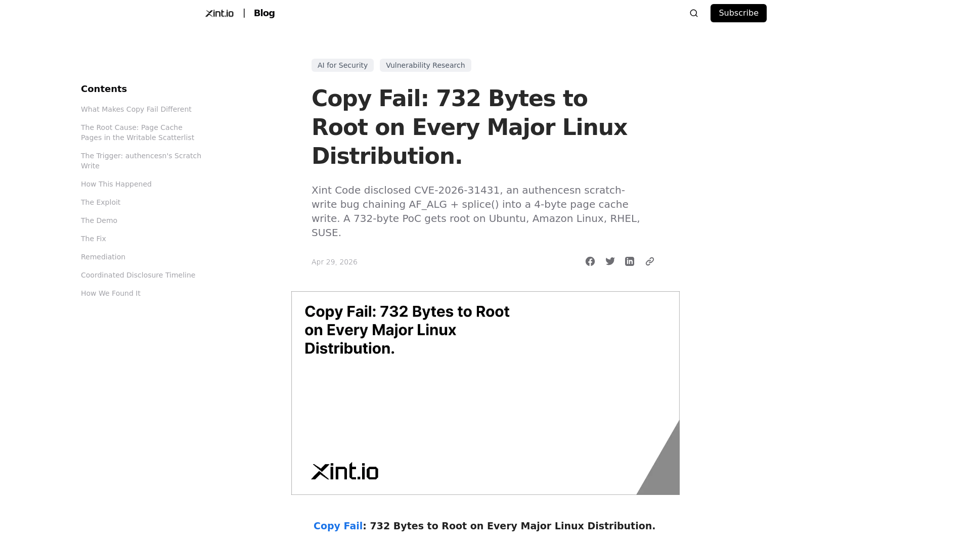 website screenshot of https://xint.io/blog/copy-fail-linux-distributions