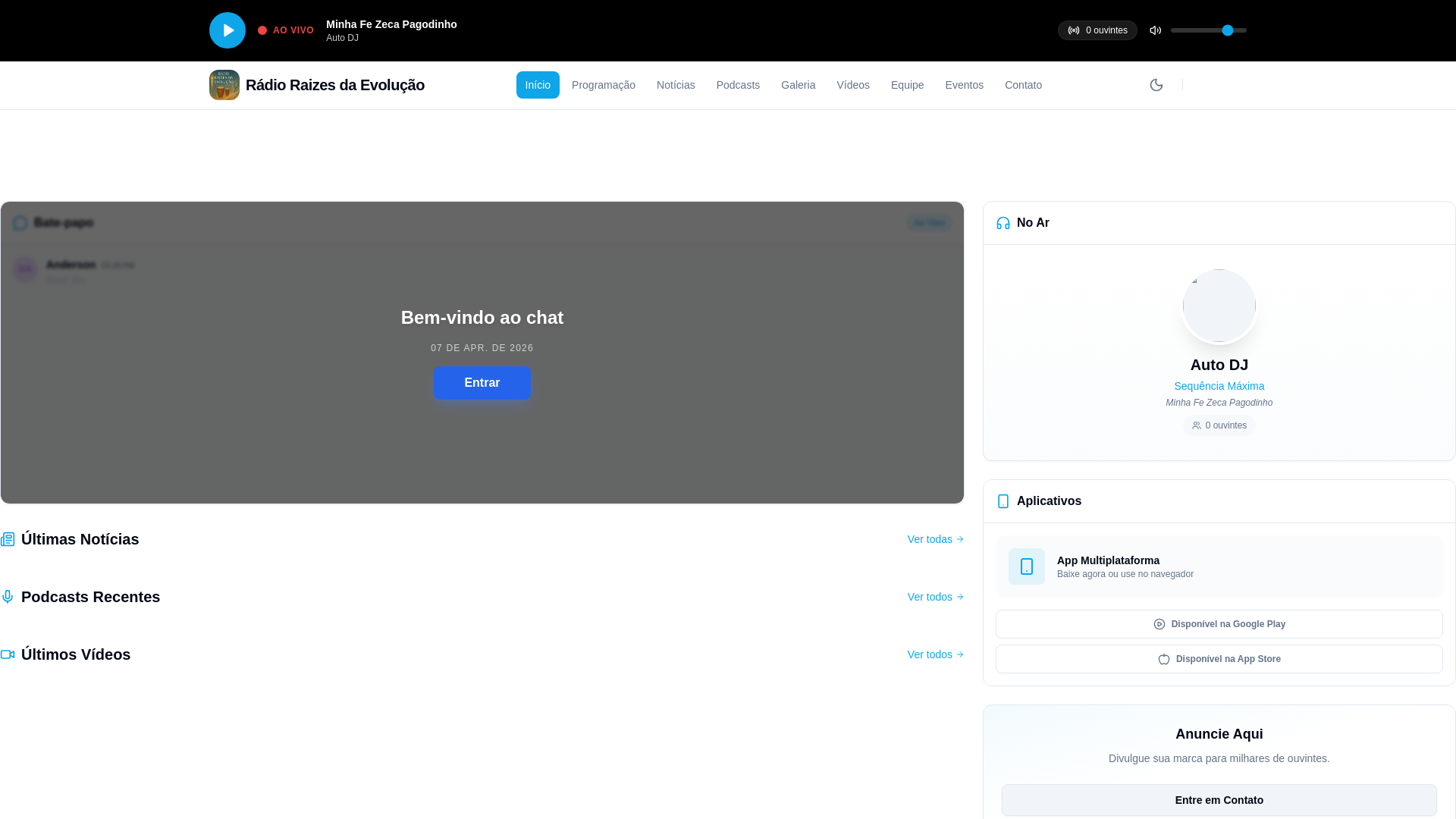 website screenshot of https://radioraizesdaevolucao.com.br