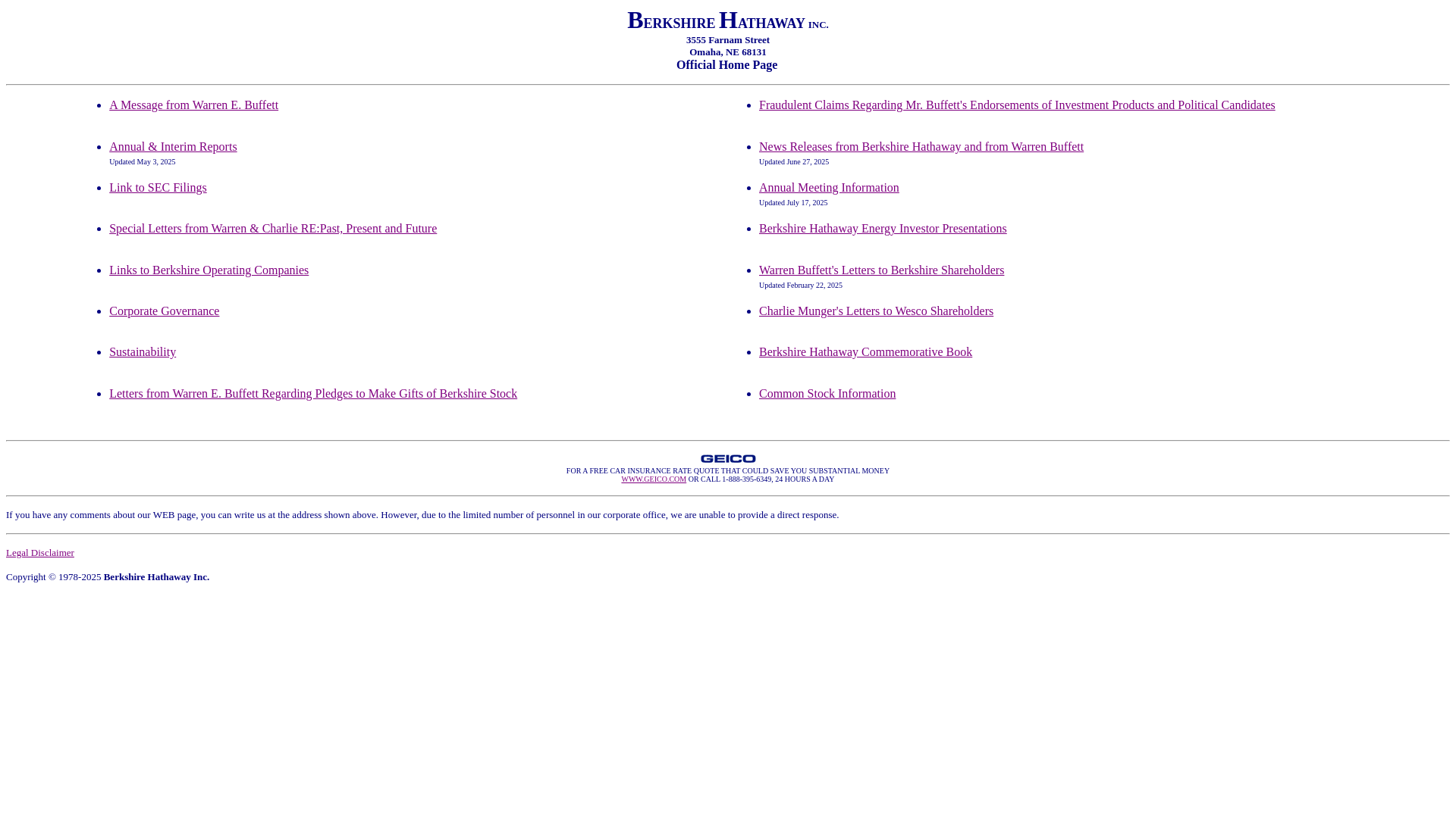 website screenshot of https://berkshirehathaway.com/