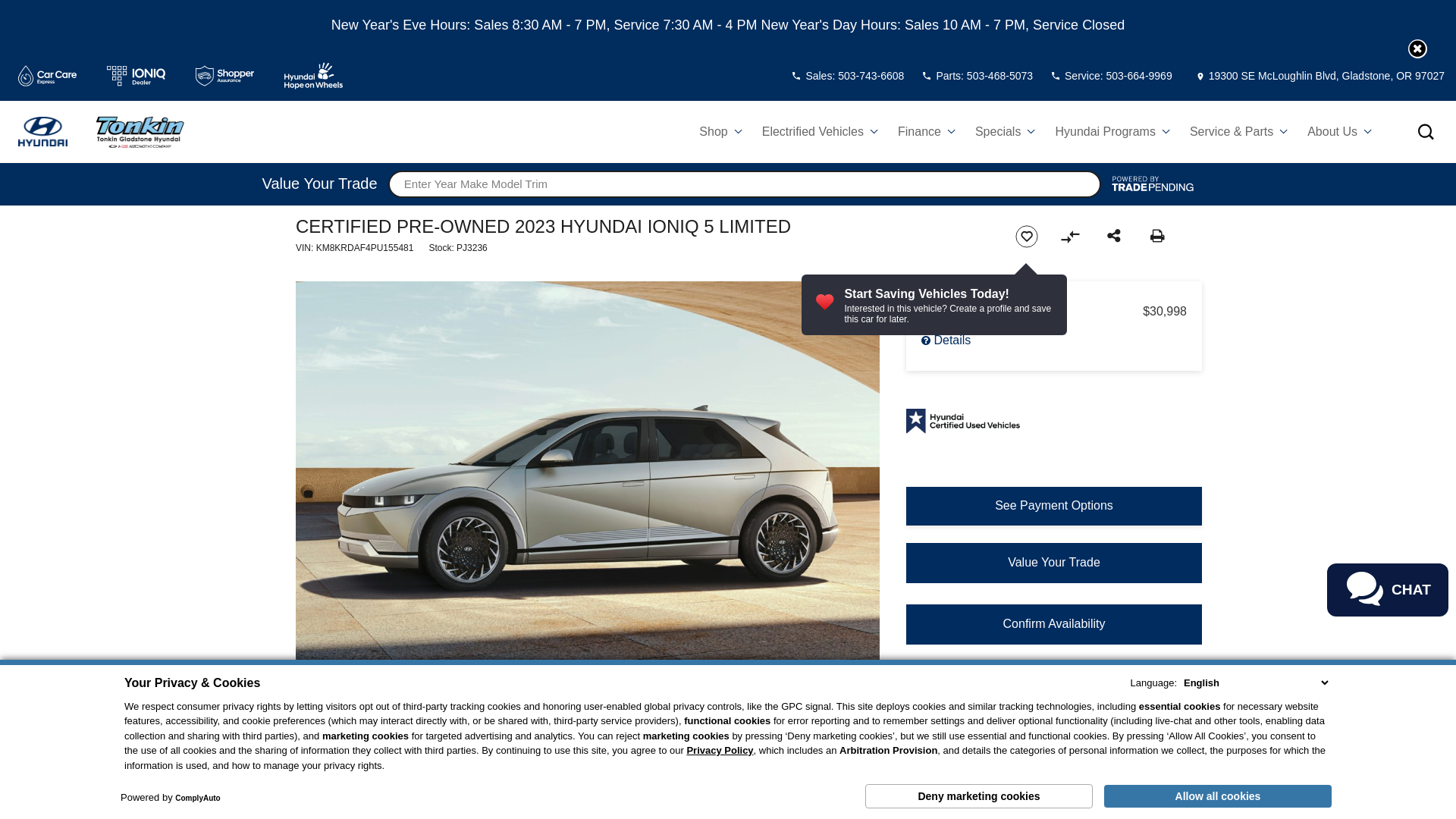 website screenshot of https://www.tonkingladstonehyundai.com/inventory/KM8KRDAF4PU155481/?condition=U&store={store_code}