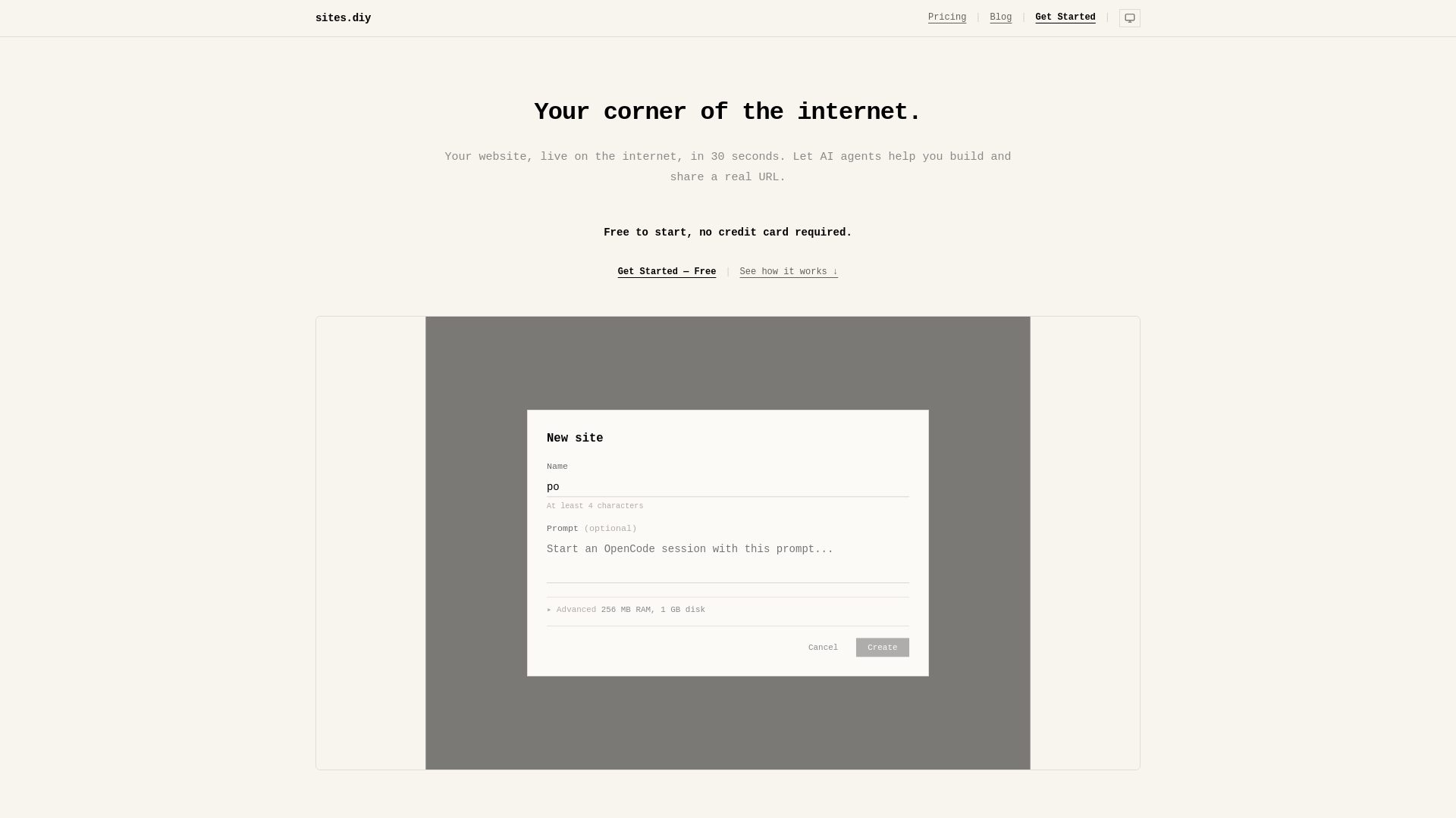website screenshot of https://sites.diy/
