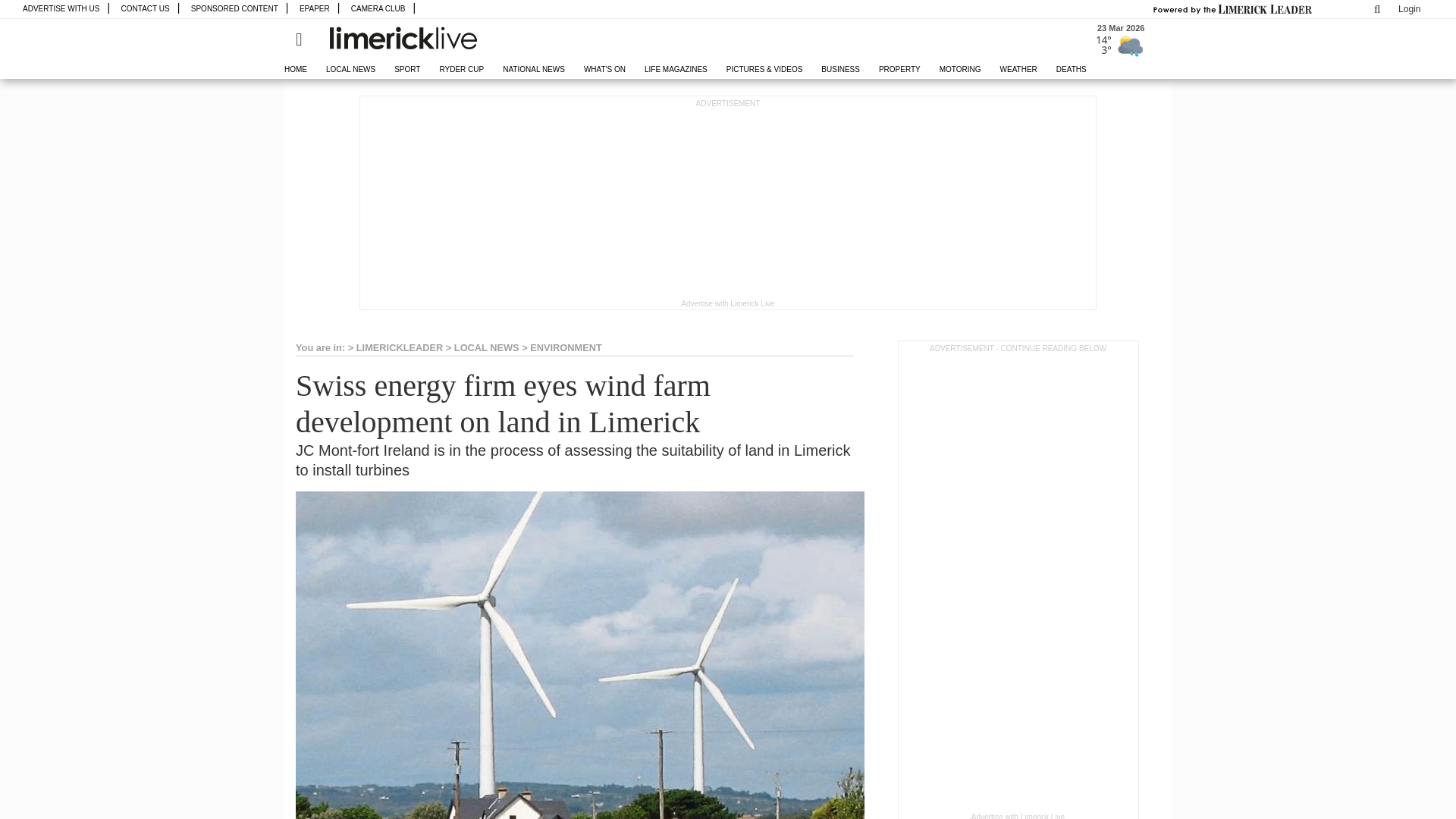 website screenshot of https://www.limerickleader.ie/news/environment/2041812/swiss-energy-firm-eyes-wind-farm-development-on-land-in-limerick.html