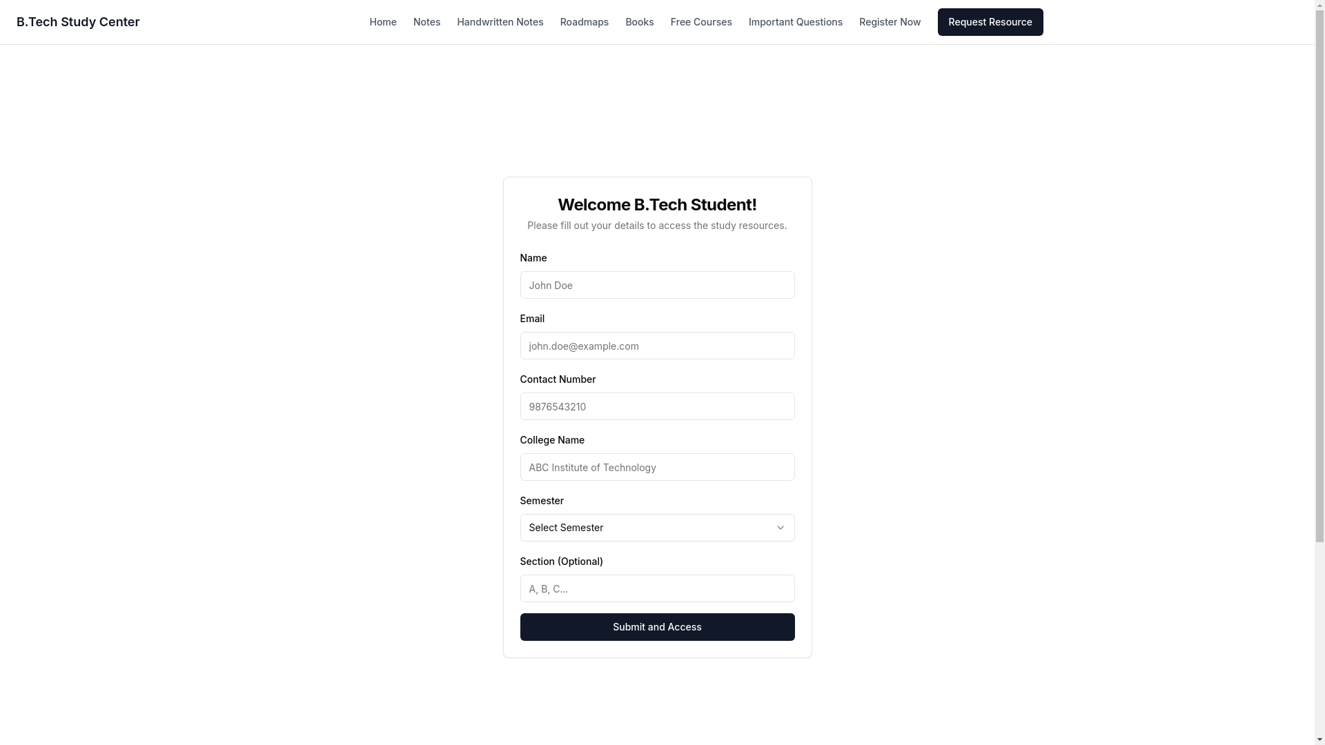 website screenshot of https://btechstudycenter.online/