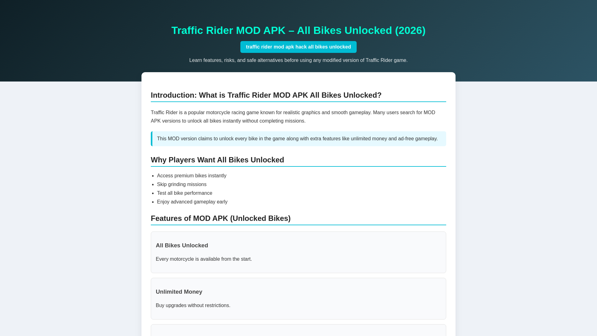 website screenshot of https://trafficridermodapkhackallbikesunlocked.pages.dev/