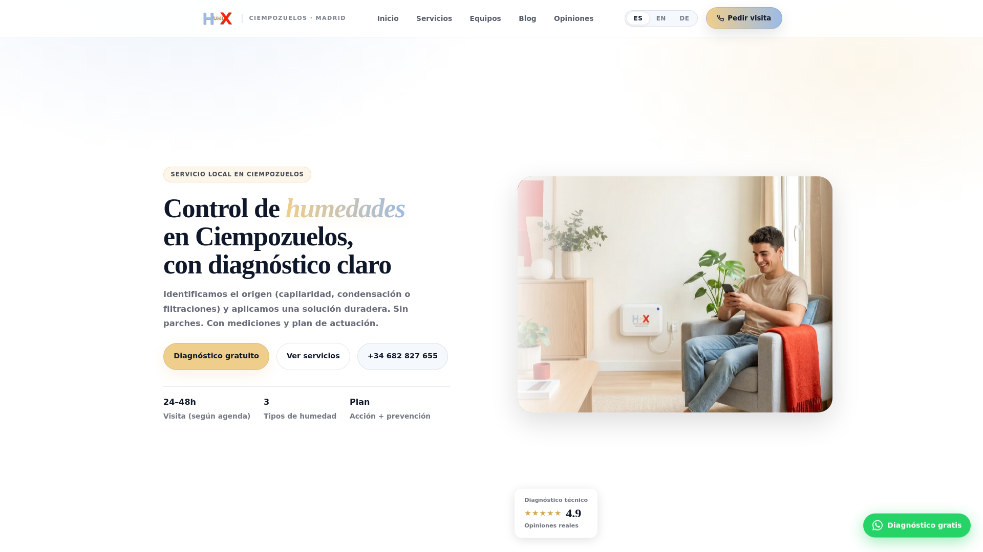 website screenshot of https://humedadesenciempozuelos.com/