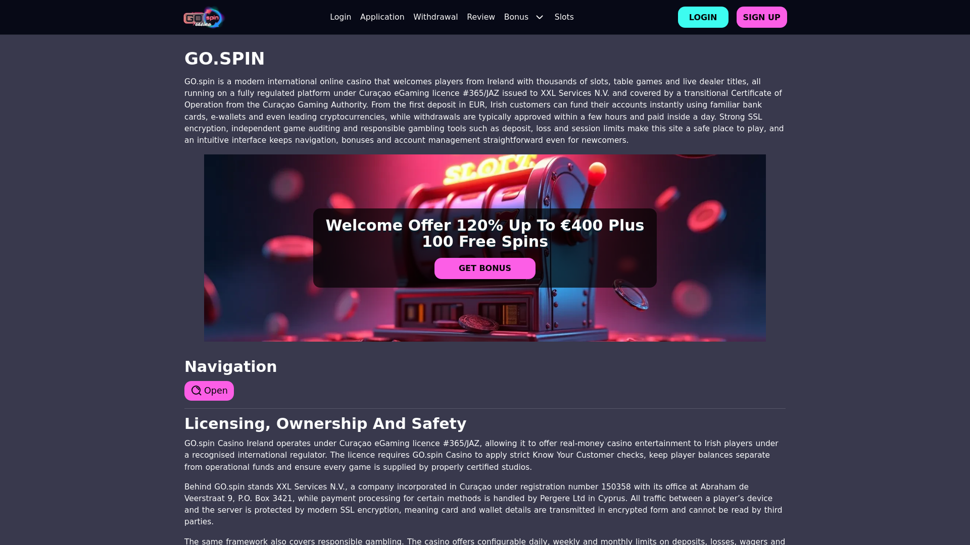 website screenshot of https://gospin.irish/