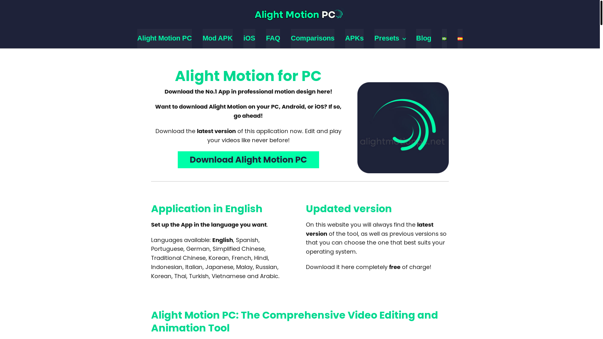 website screenshot of https://alightmotionpc.net/