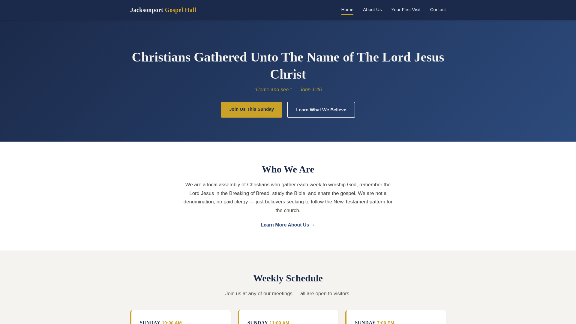website screenshot of https://jacksonportgospelhall.com/