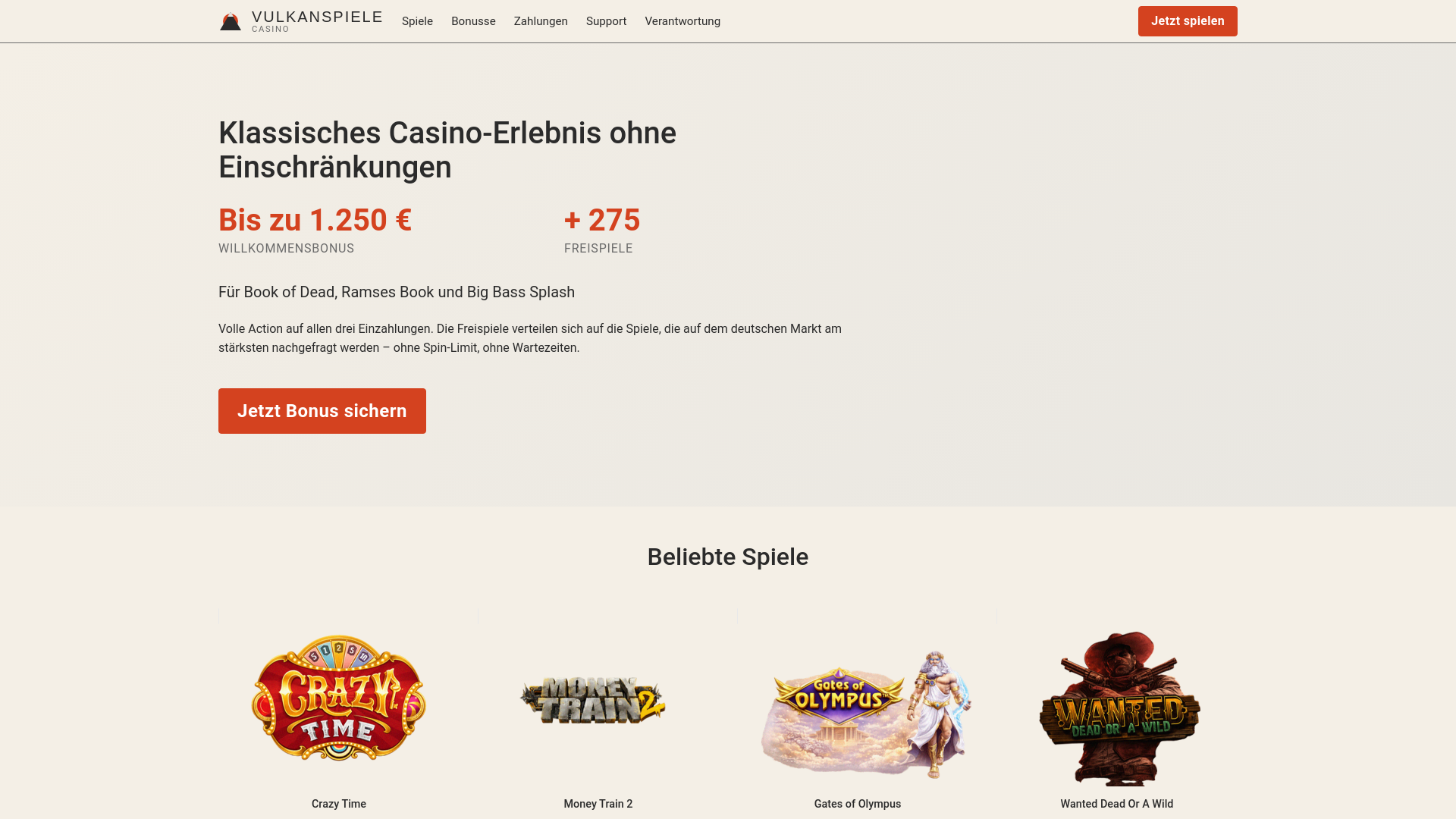 website screenshot of https://vulkanspielecasino.jetzt/