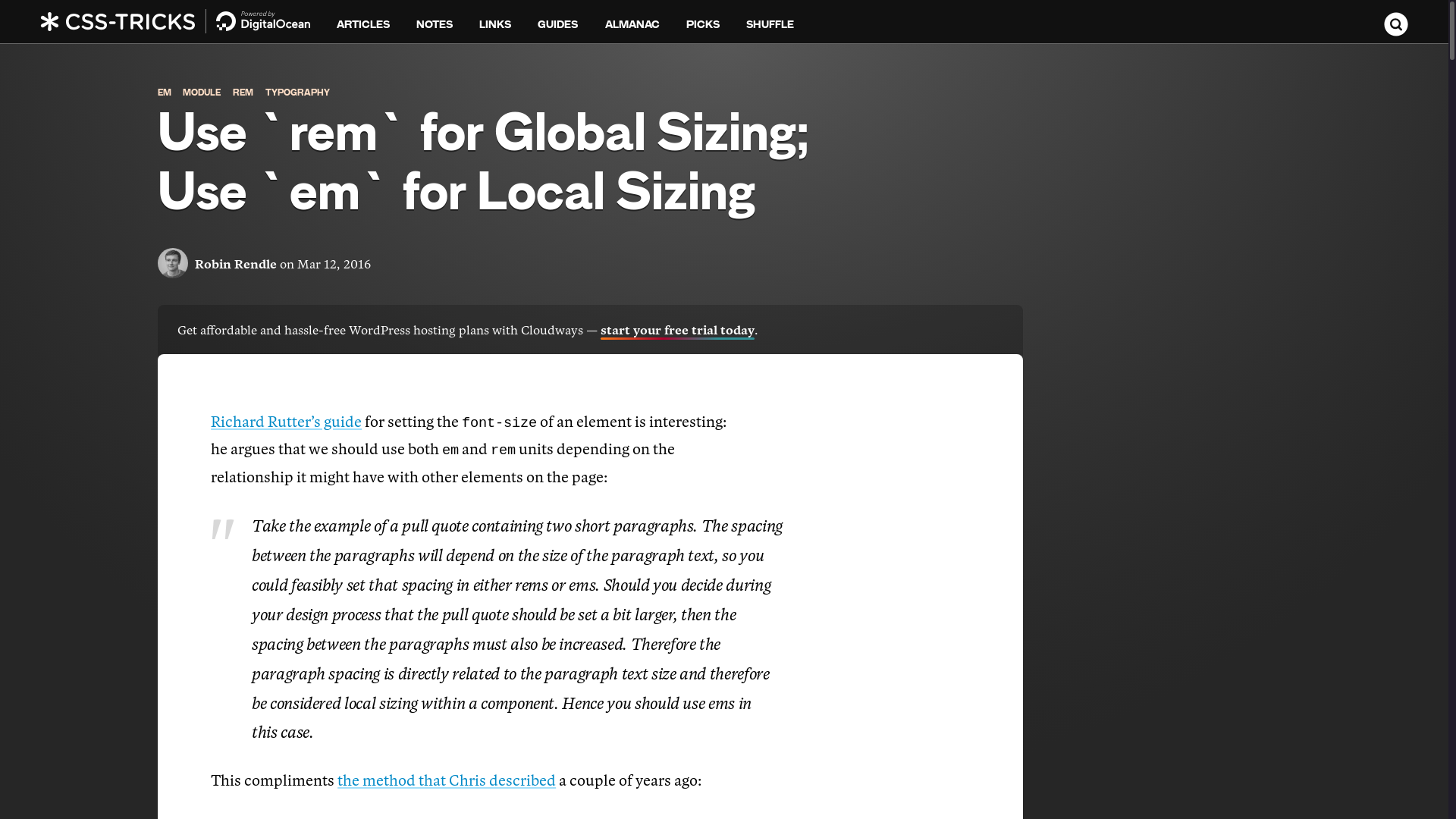 website screenshot of https://css-tricks.com/rem-global-em-local/
