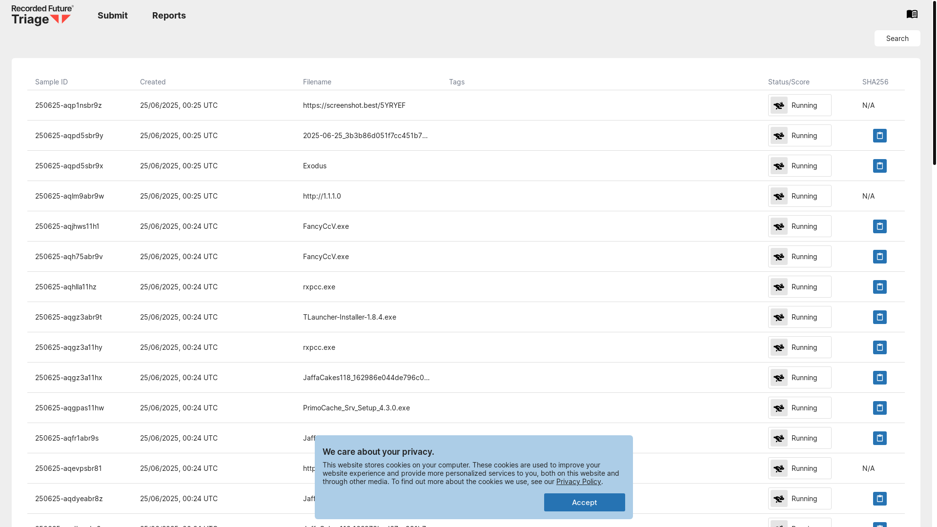 website screenshot of https://tria.ge/reports/public