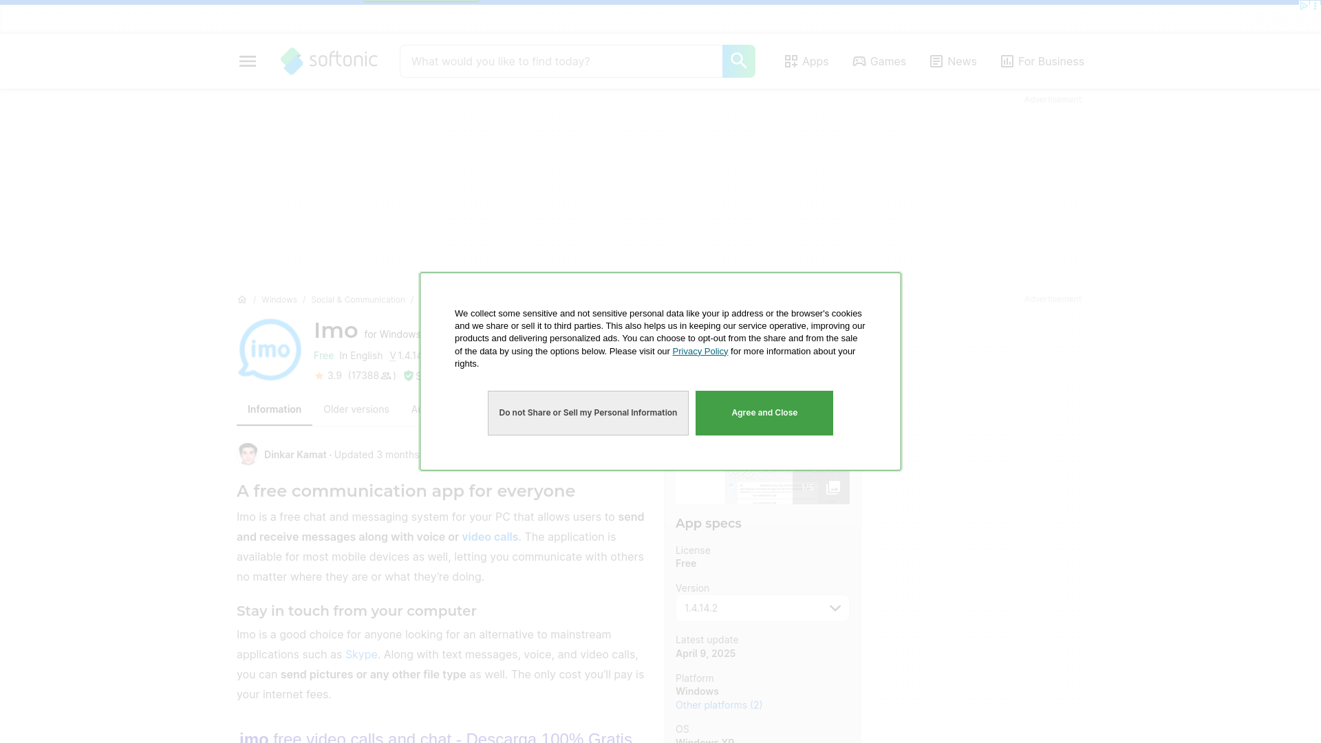 website screenshot of https://imo.en.softonic.com/