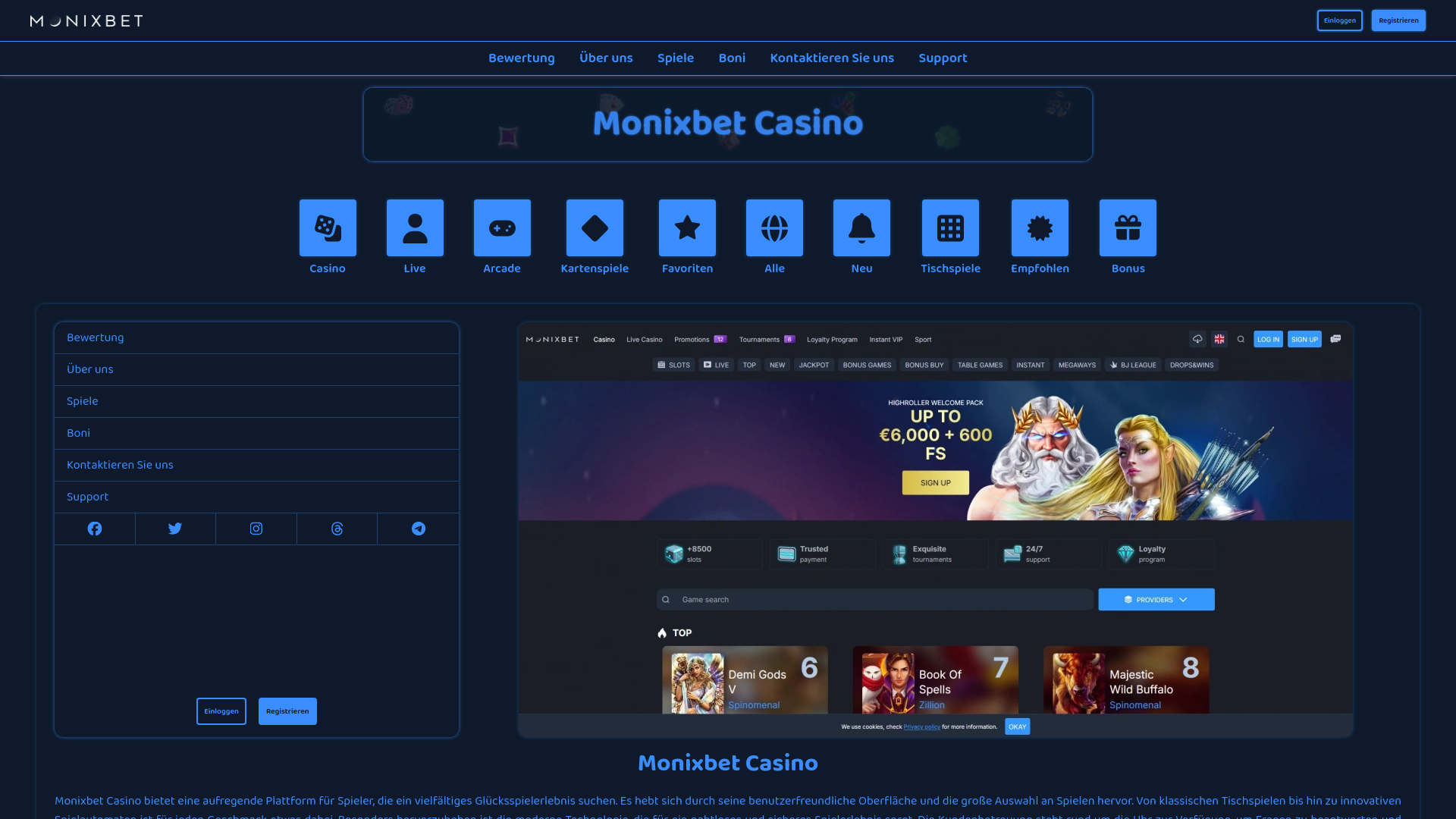 website screenshot of https://casinomonixbet.de/