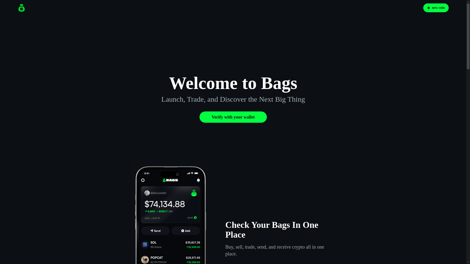 website screenshot of https://bagslaunch.xyz/