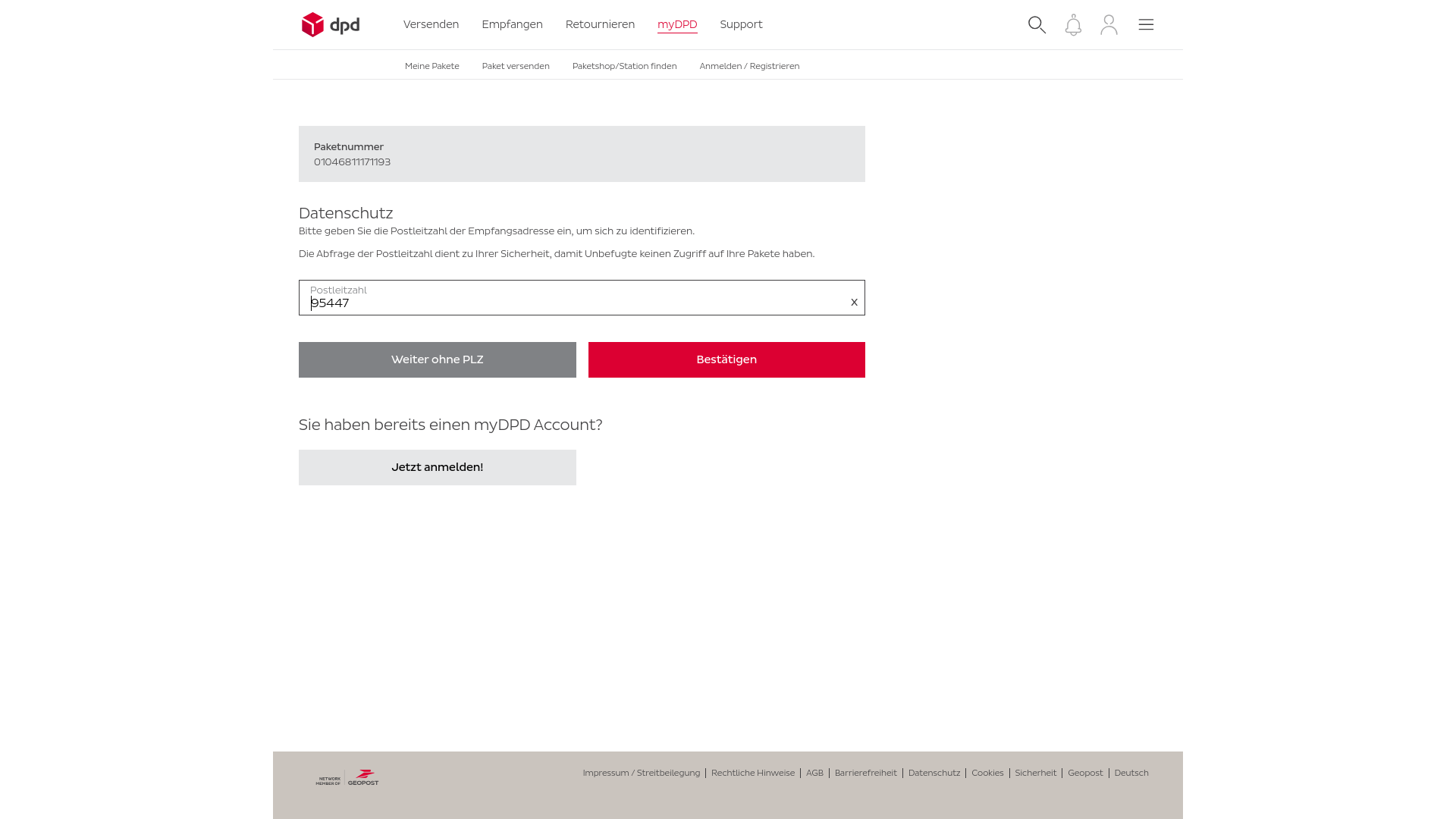 website screenshot of https://my.dpd.de/redirect.aspx?action=1&parcelno=01046811171193&zip=95447&lng=deu