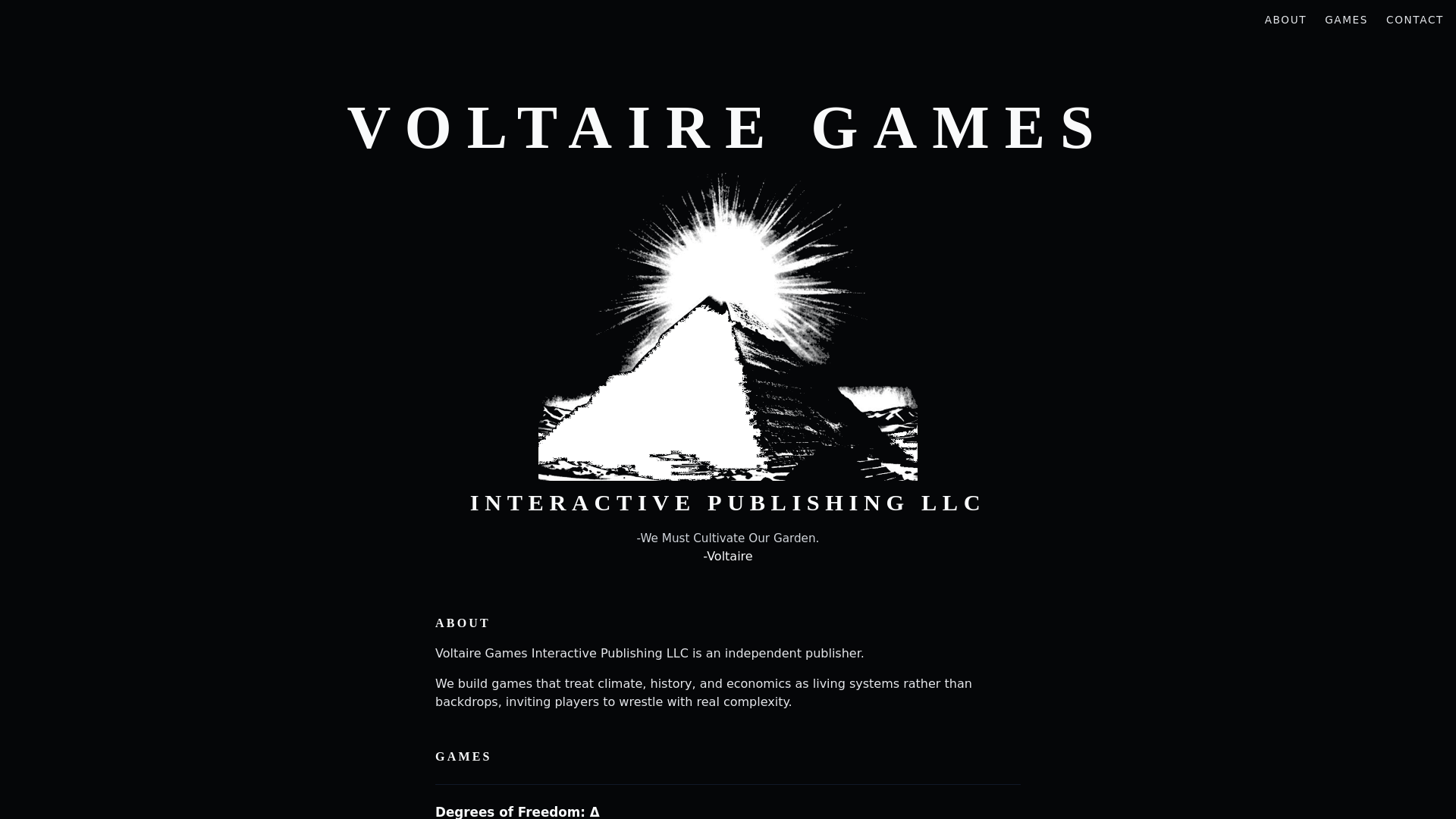 website screenshot of https://voltairegames.com