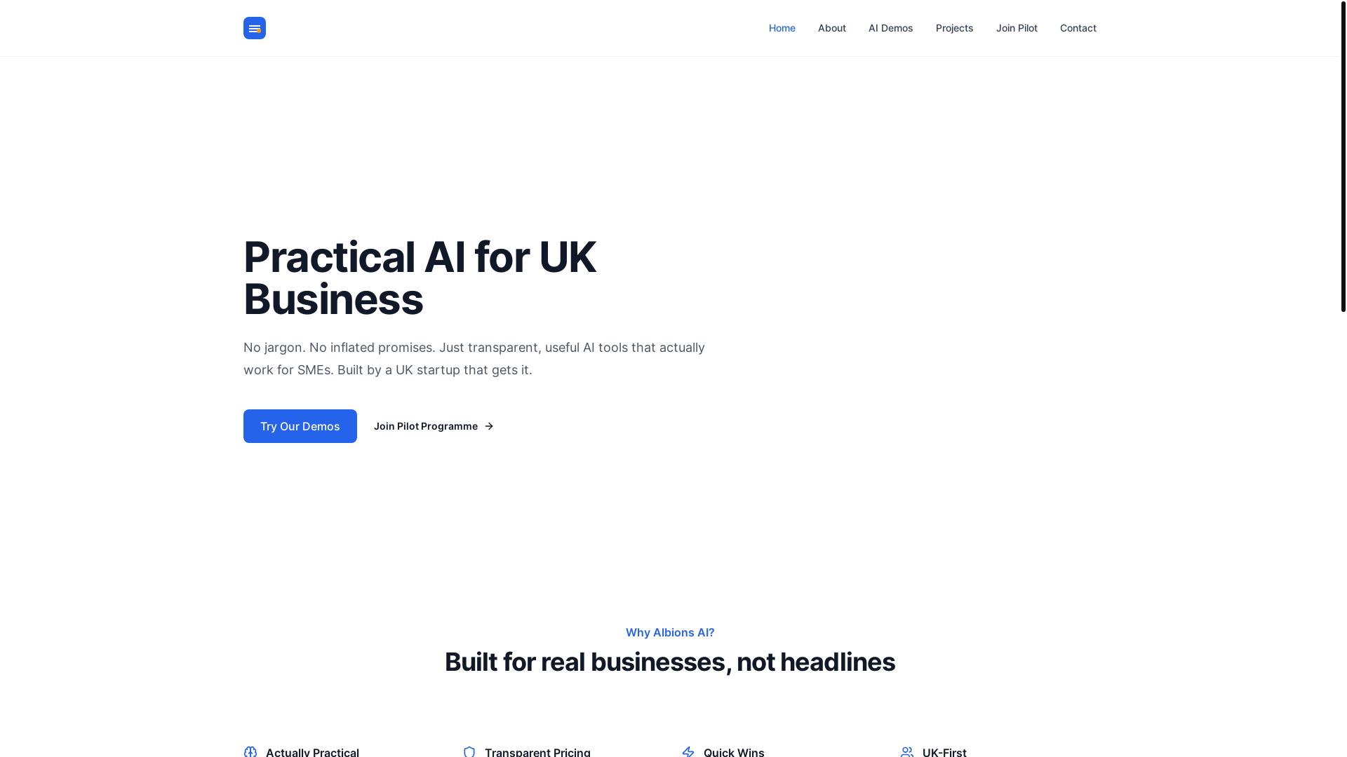 website screenshot of https://albions-ai-frontend.pages.dev/