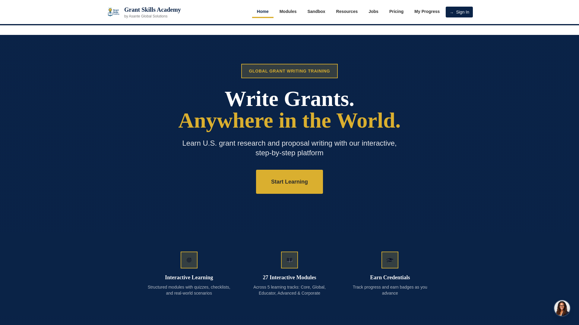 website screenshot of https://grantskillsacademy.com