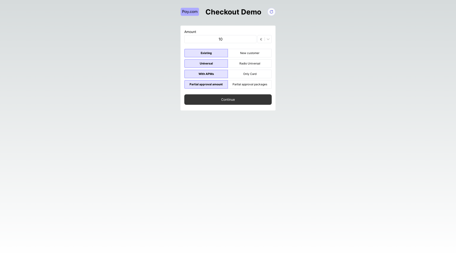 website screenshot of https://pay-com-sdk-demo.pages.dev/