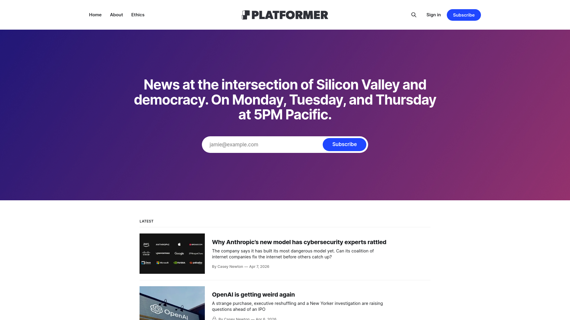 website screenshot of https://www.platformer.news/