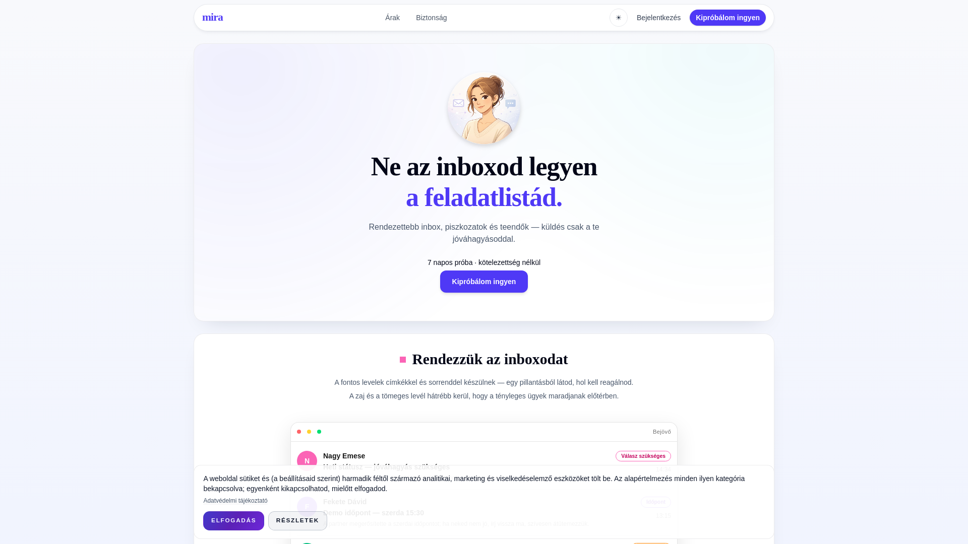 website screenshot of https://miraapp.hu/
