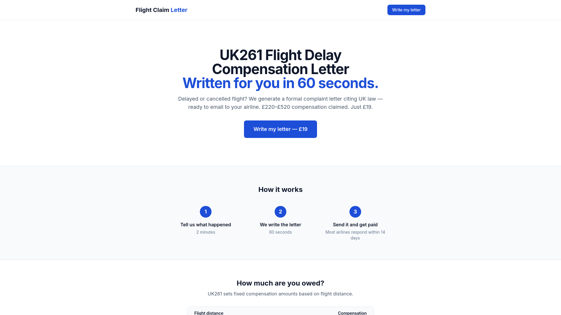 website screenshot of https://flightclaimletter.co.uk/