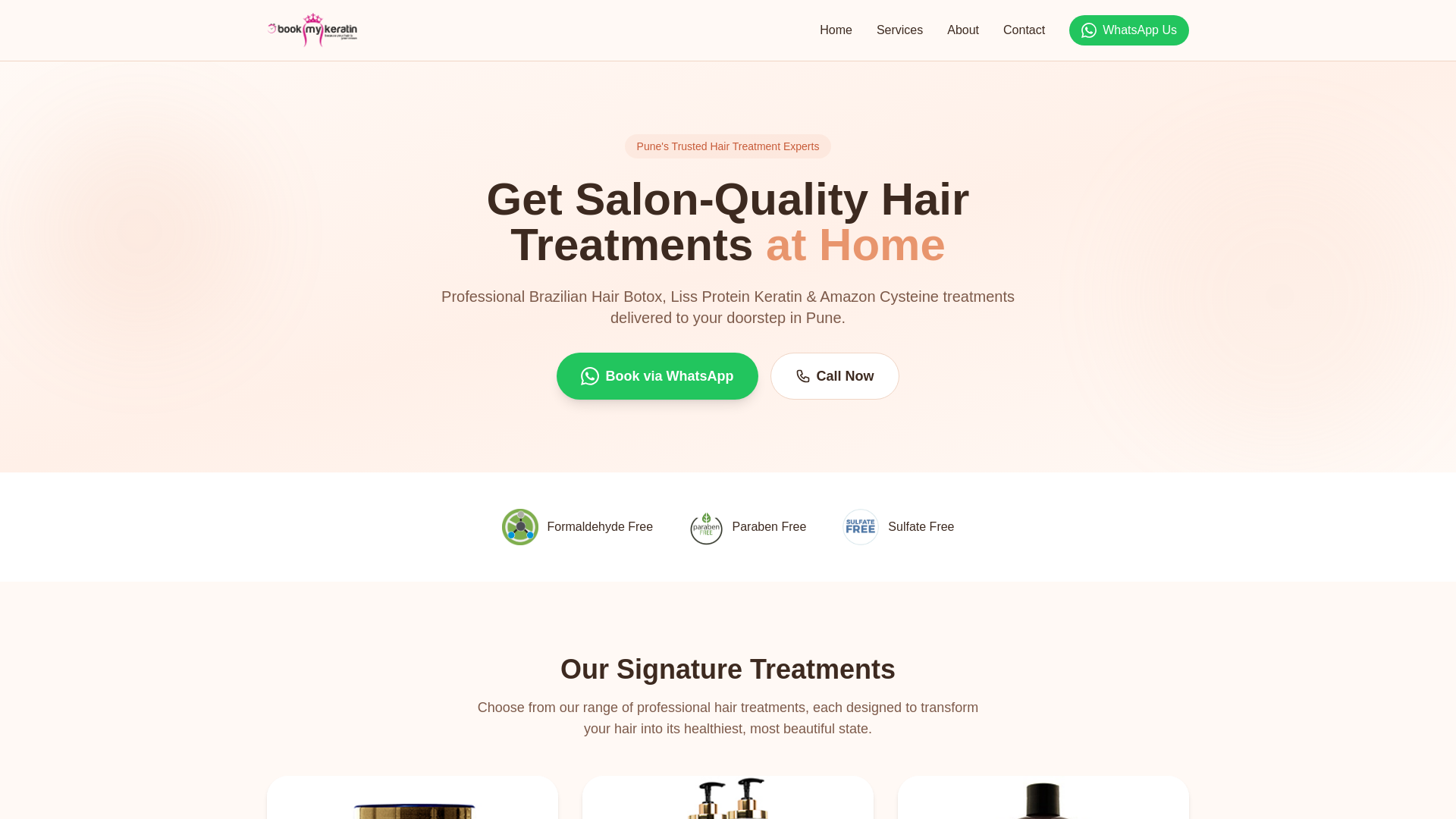 website screenshot of https://bookmykeratin.pages.dev/