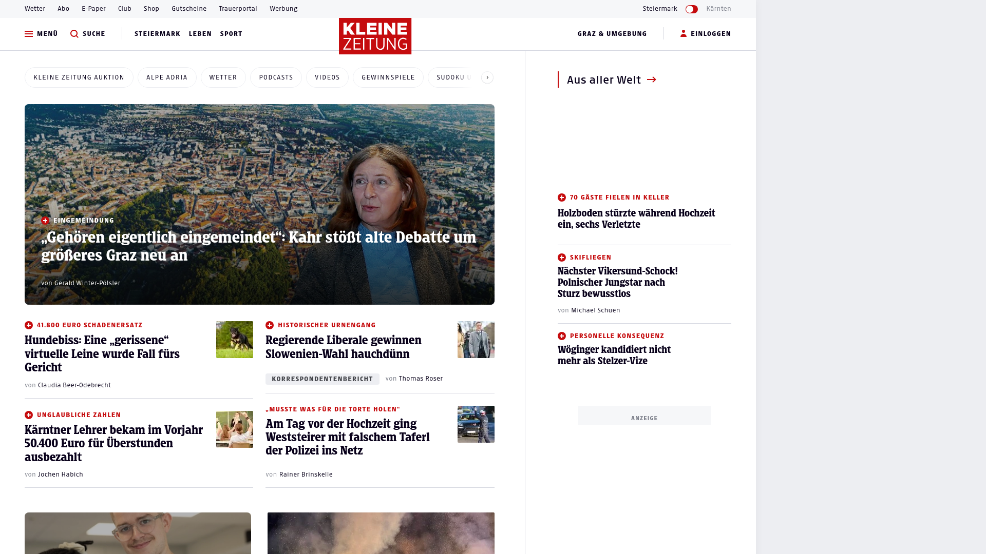 website screenshot of https://www.kleinezeitung.at